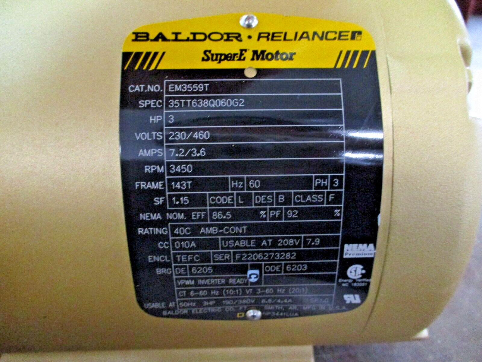 Baldor Motor EM3559T 3HP 3600RPM 230/460V 7.2/3.6A 3Ph 60Hz *No Box* New Surplus