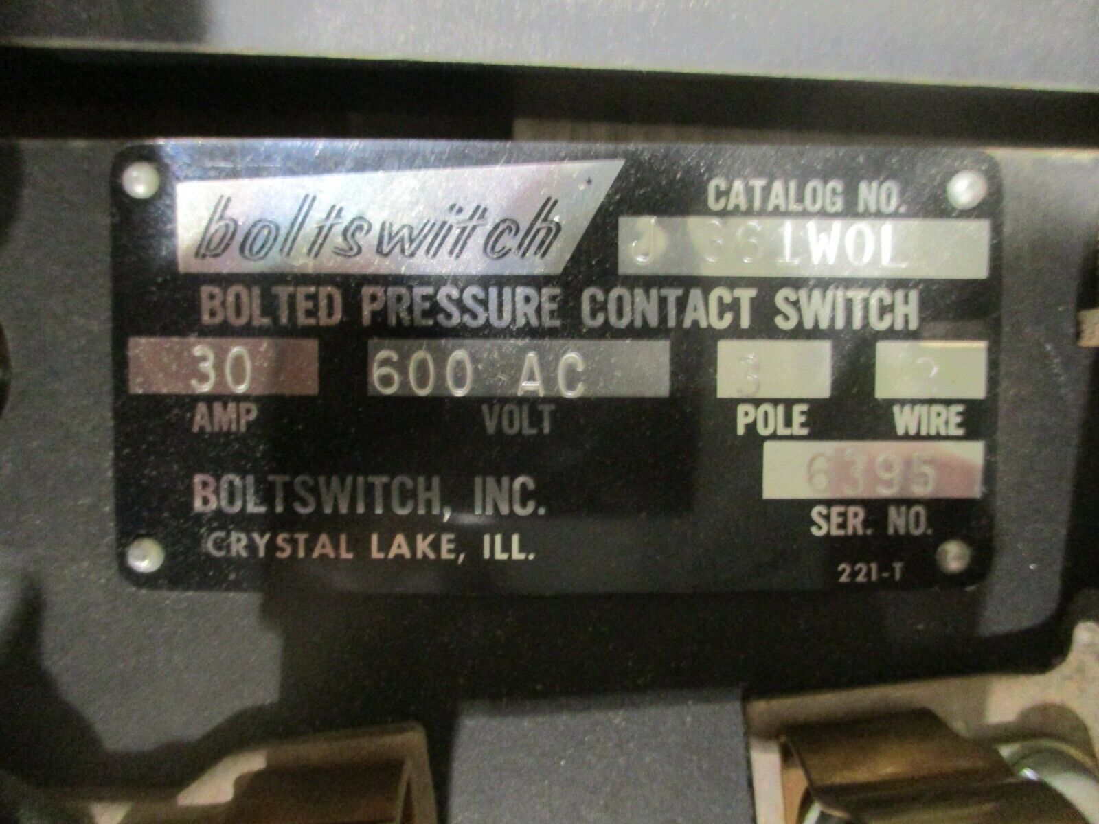 Boltswitch Bolted Pressure Contact Switch J 361WOL 30A 600V 3P 3W 20A Fuses Used