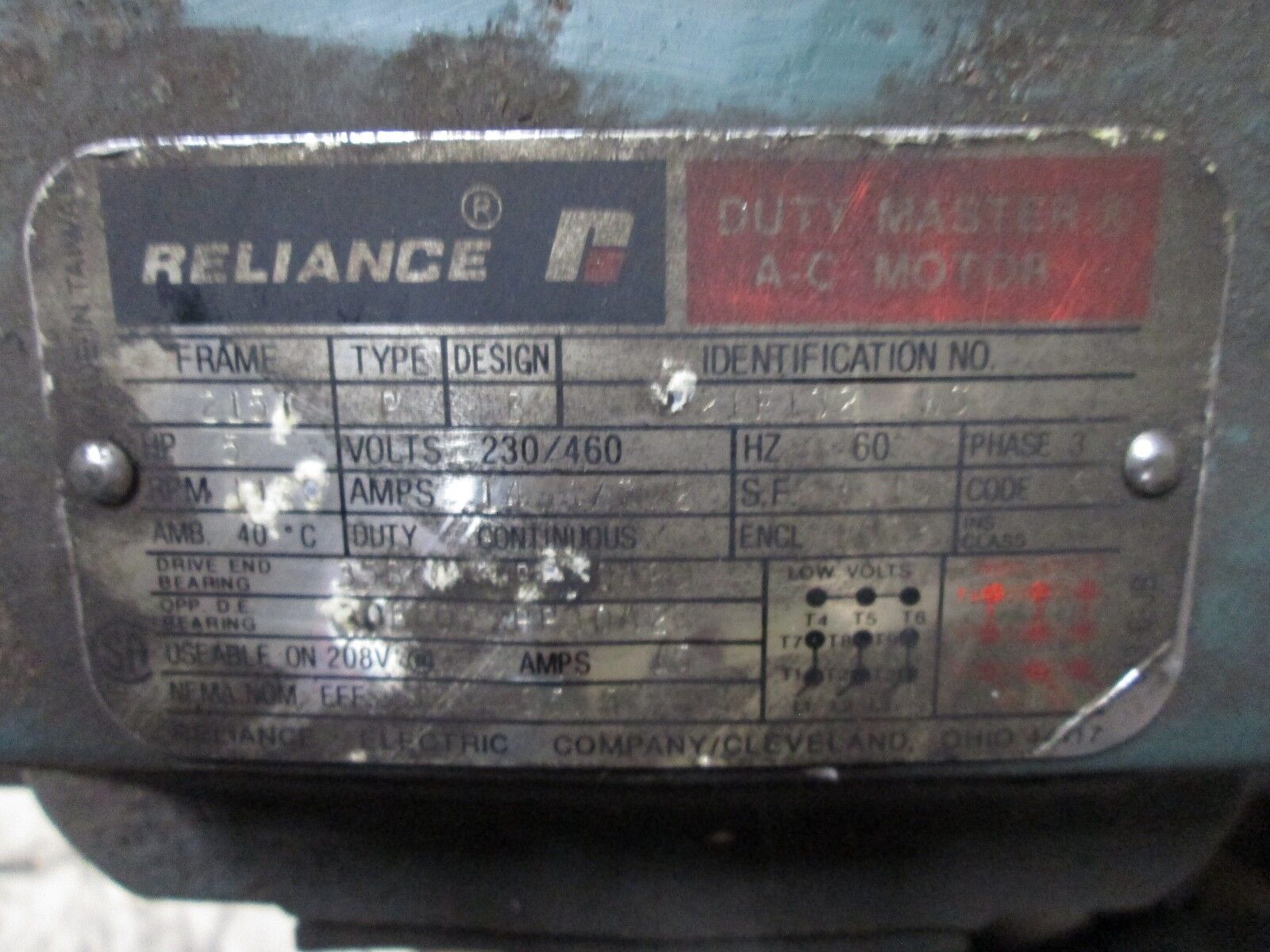 Reliance Duty Master AC Motor 21F132 WS 5HP 1150RPM 230/460V 215T Frame Used