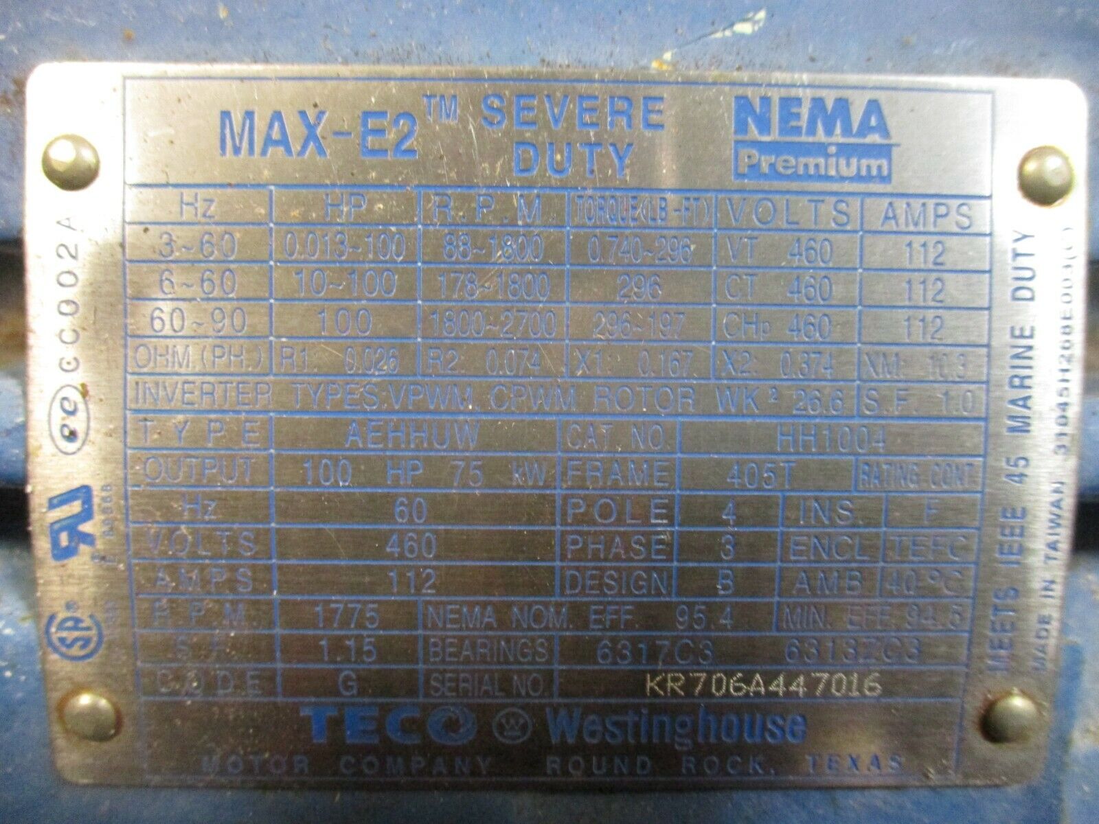 TECO Westinghouse AEHHUW Max-E2 Severe Duty AC Motor HH1004 1800RPM 100HP 112A