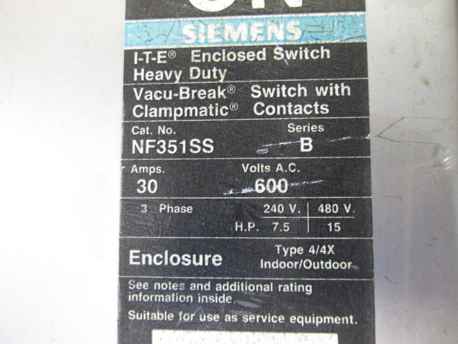 Siemens Stainless Steel Non-fusible Safety Switch NF351SS 30A 600V 3P Used