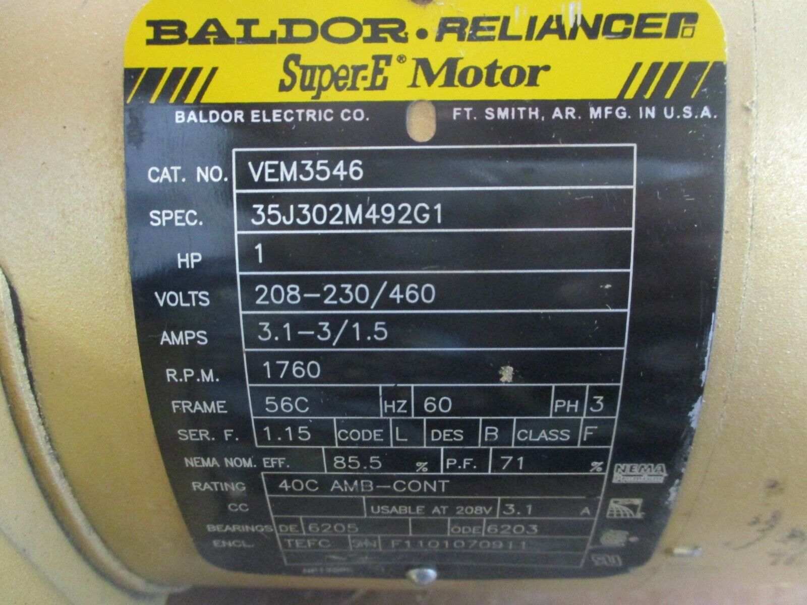 Baldor AC Motor w/ Gear VEM3546 1HP 1800RPM 208-230/460V 3.1-3/1.5A Used