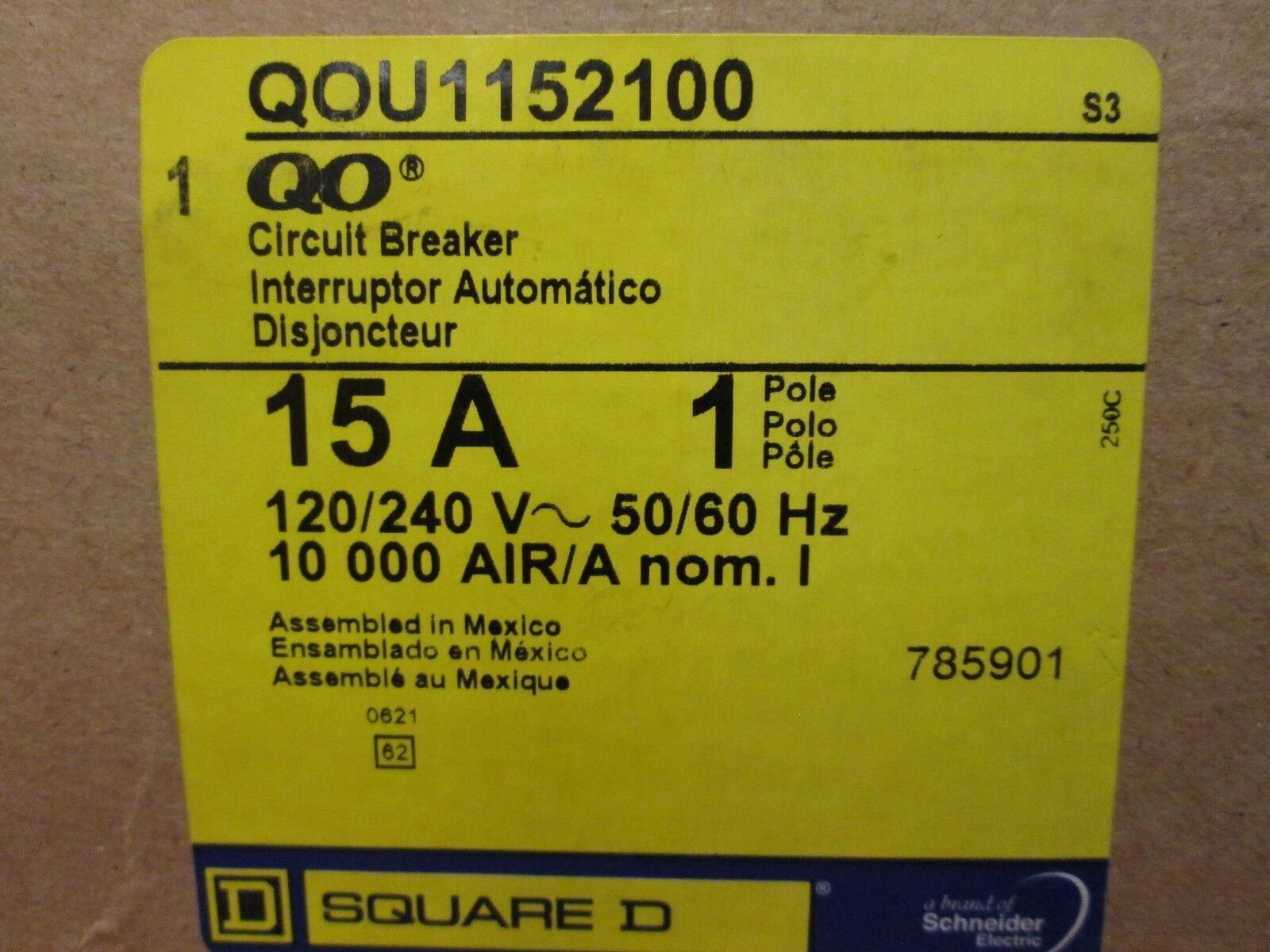 Square D QO Circuit Breaker QOU1152100 15A 1P 120/240V 10,000 AIR New Surplus