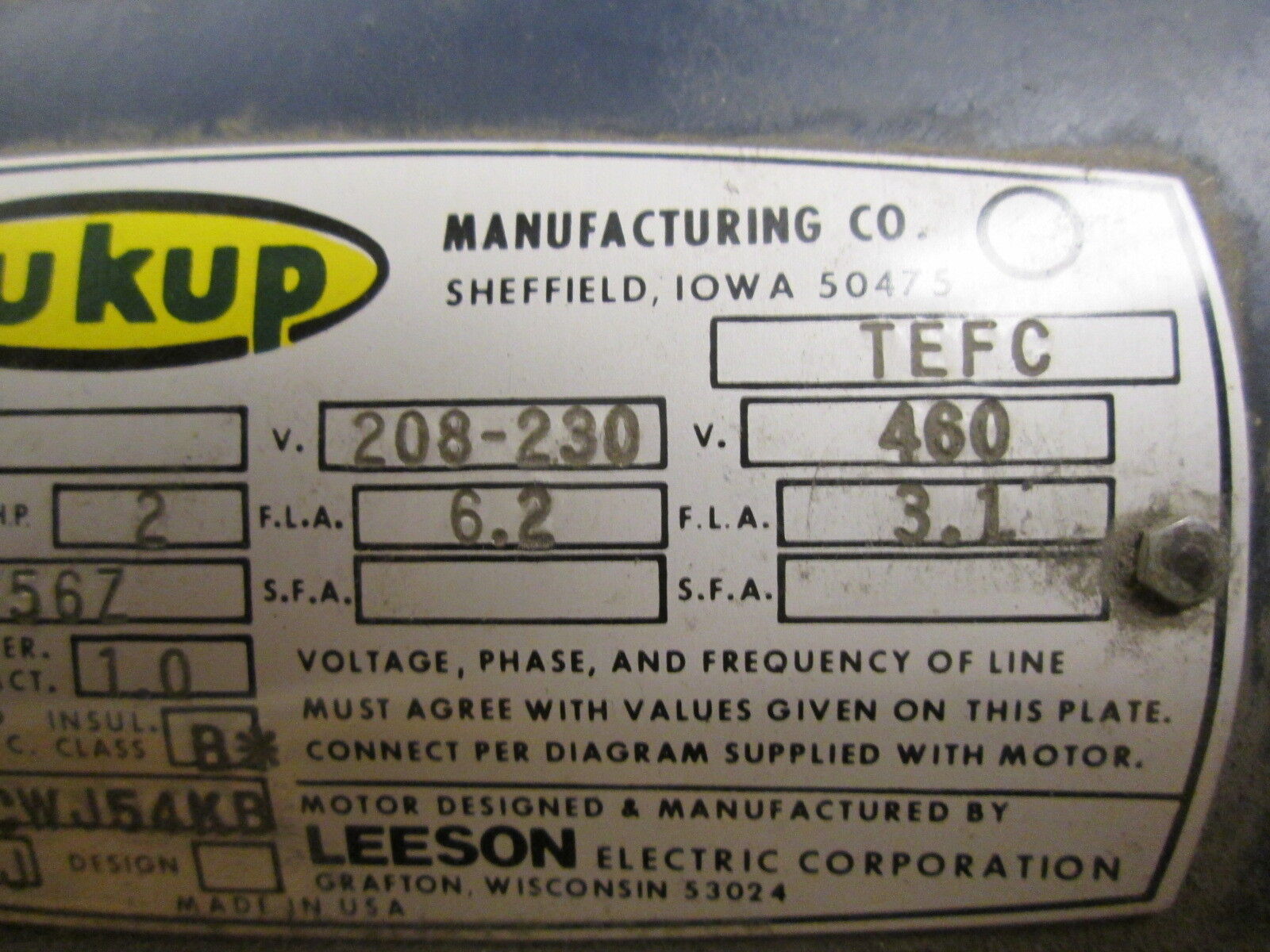 Sukup 190004-91 AC Motor 110235-00 2HP 1725RPM FR: F56Z ENCL: TEFC 3Ph Used