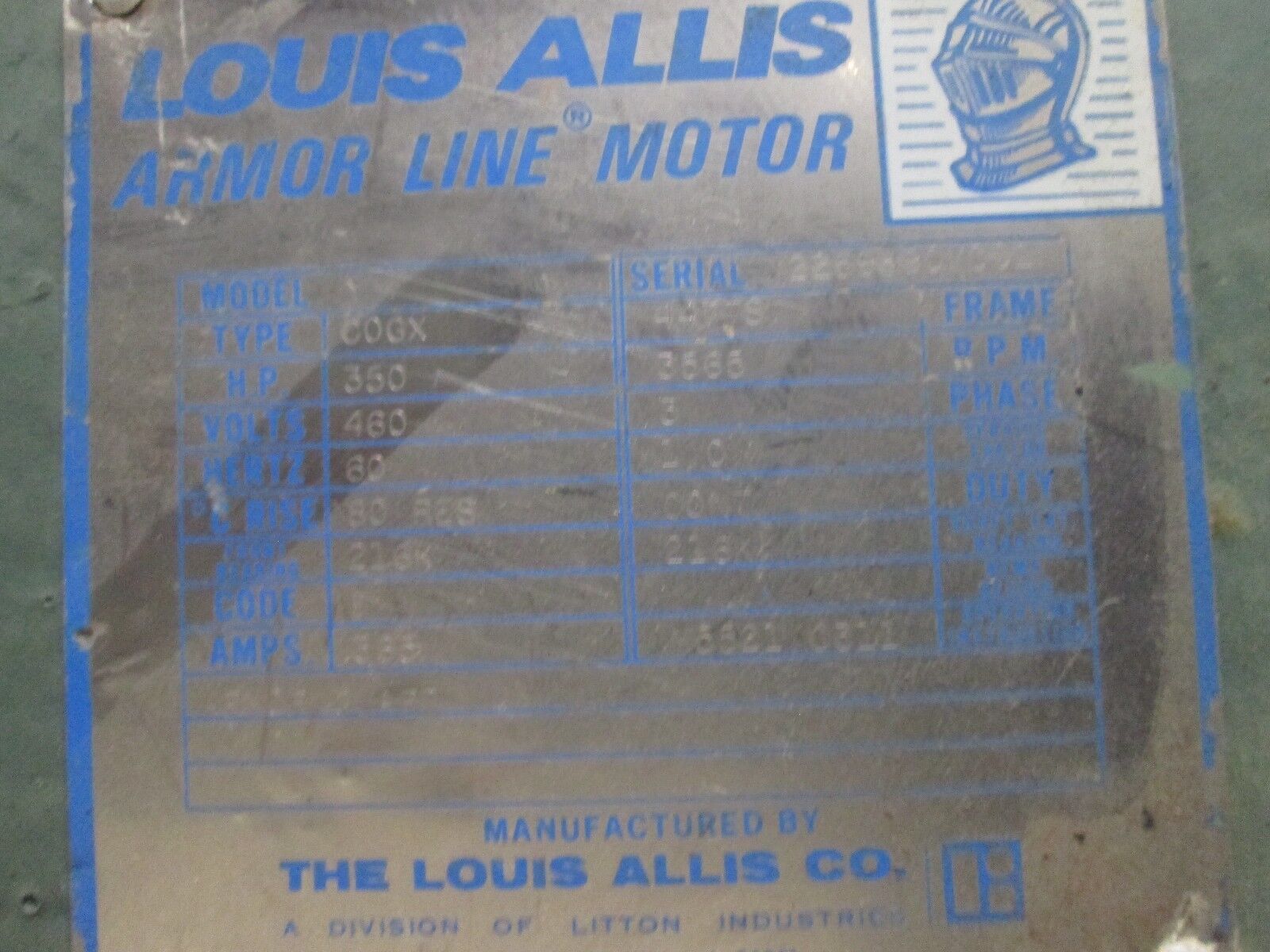 Louis Allis Armor Line Motor C0GX 350HP 3600RPM 460V 385A 3PH 60Hz 447TS Frame