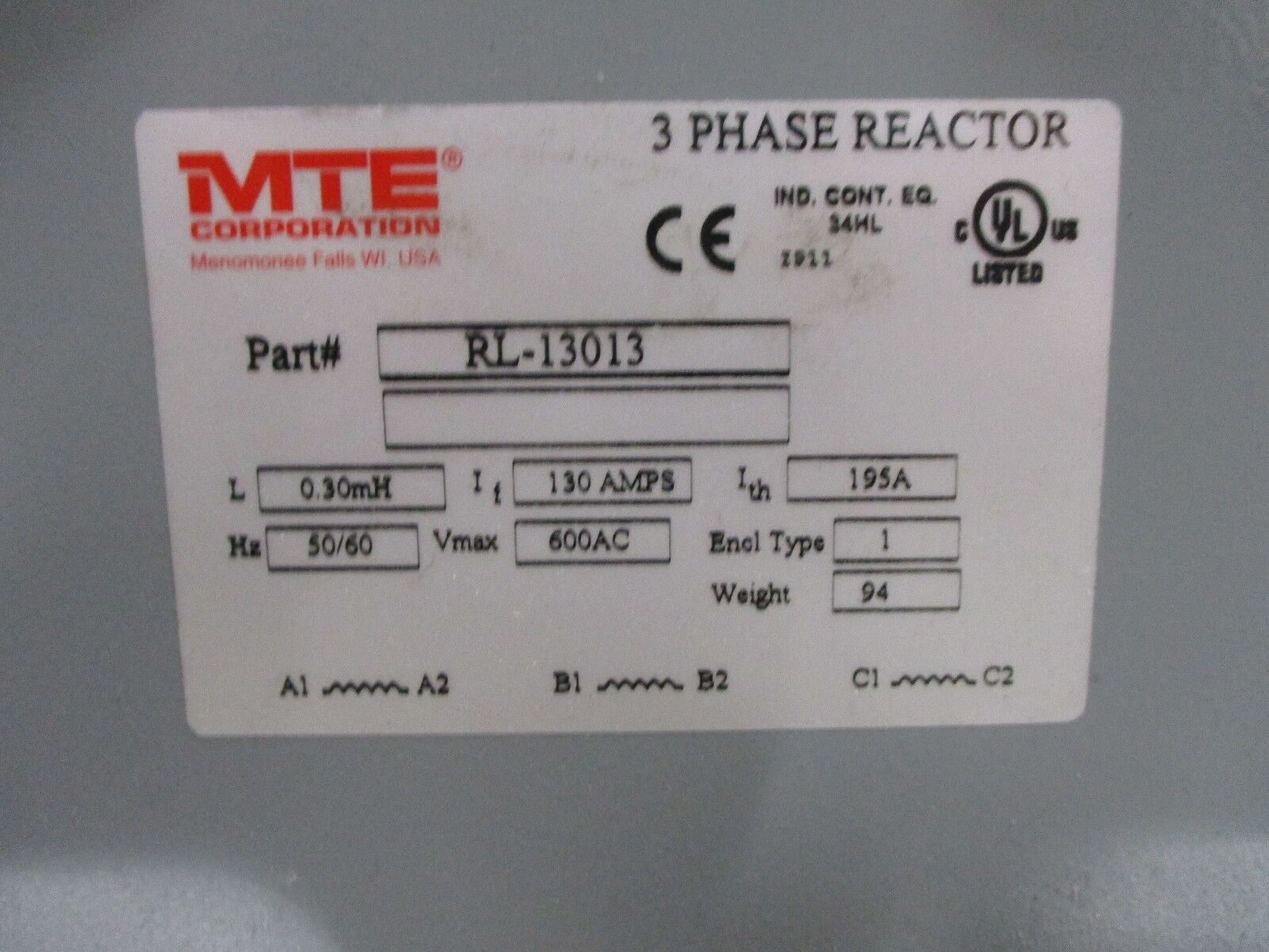 MTE Enclosed 3 Phase Reactor RL-13013 0.30mH 130A 600V 50/60Hz Type 1 Enclosure