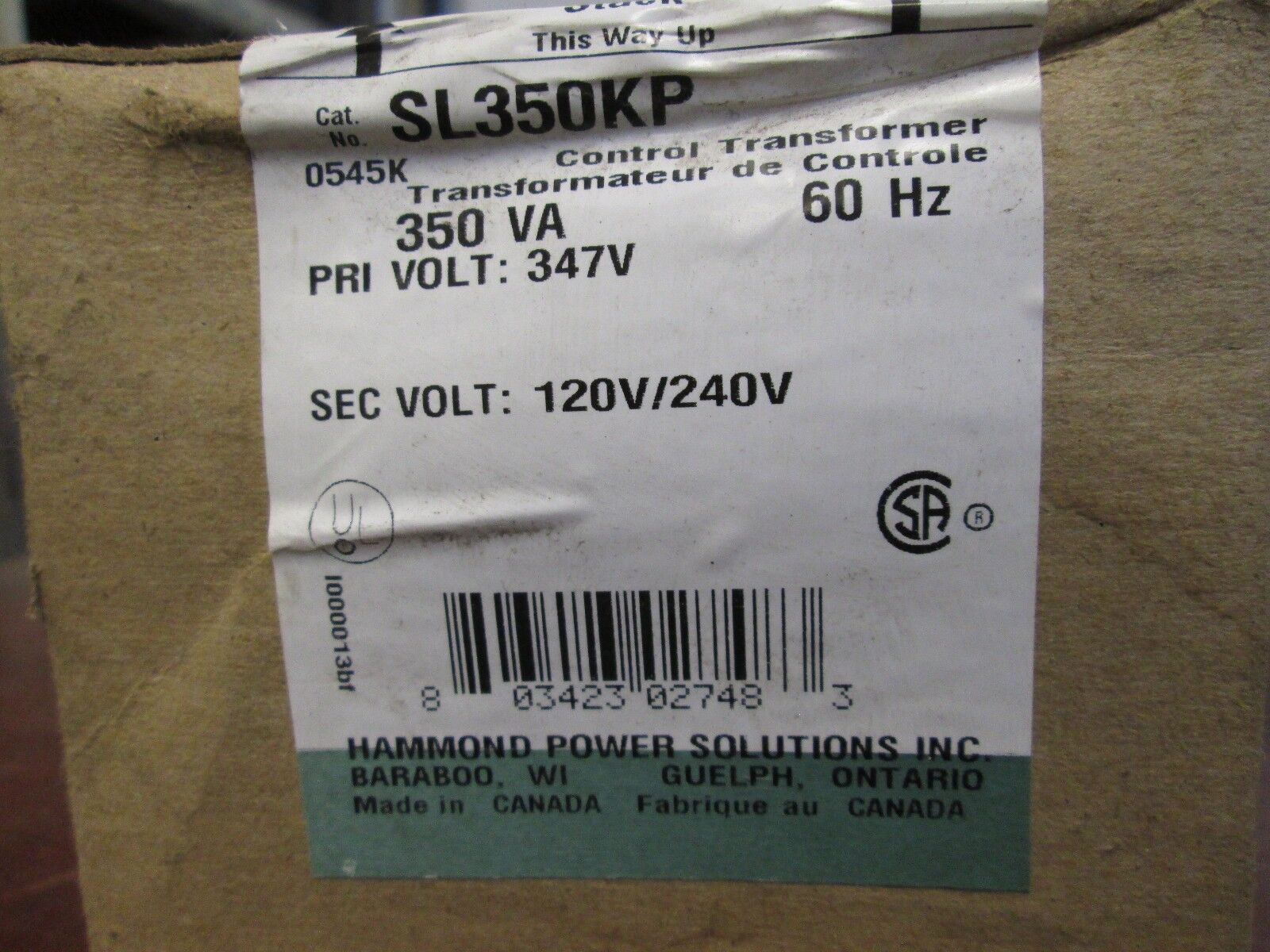 Hammond Control Transformer SL350KP 350VA Pri 347V Sec 120/240V New Surplus