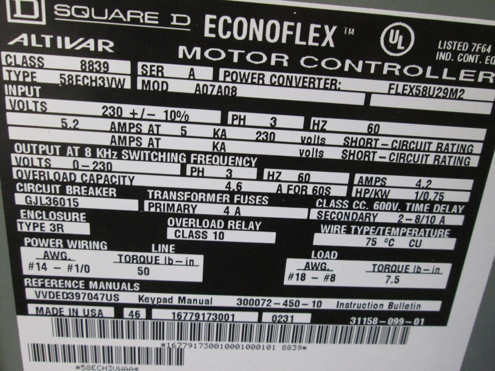 Square D EconoFlex AC Drive 8839 58ECH3VW 1HP Used