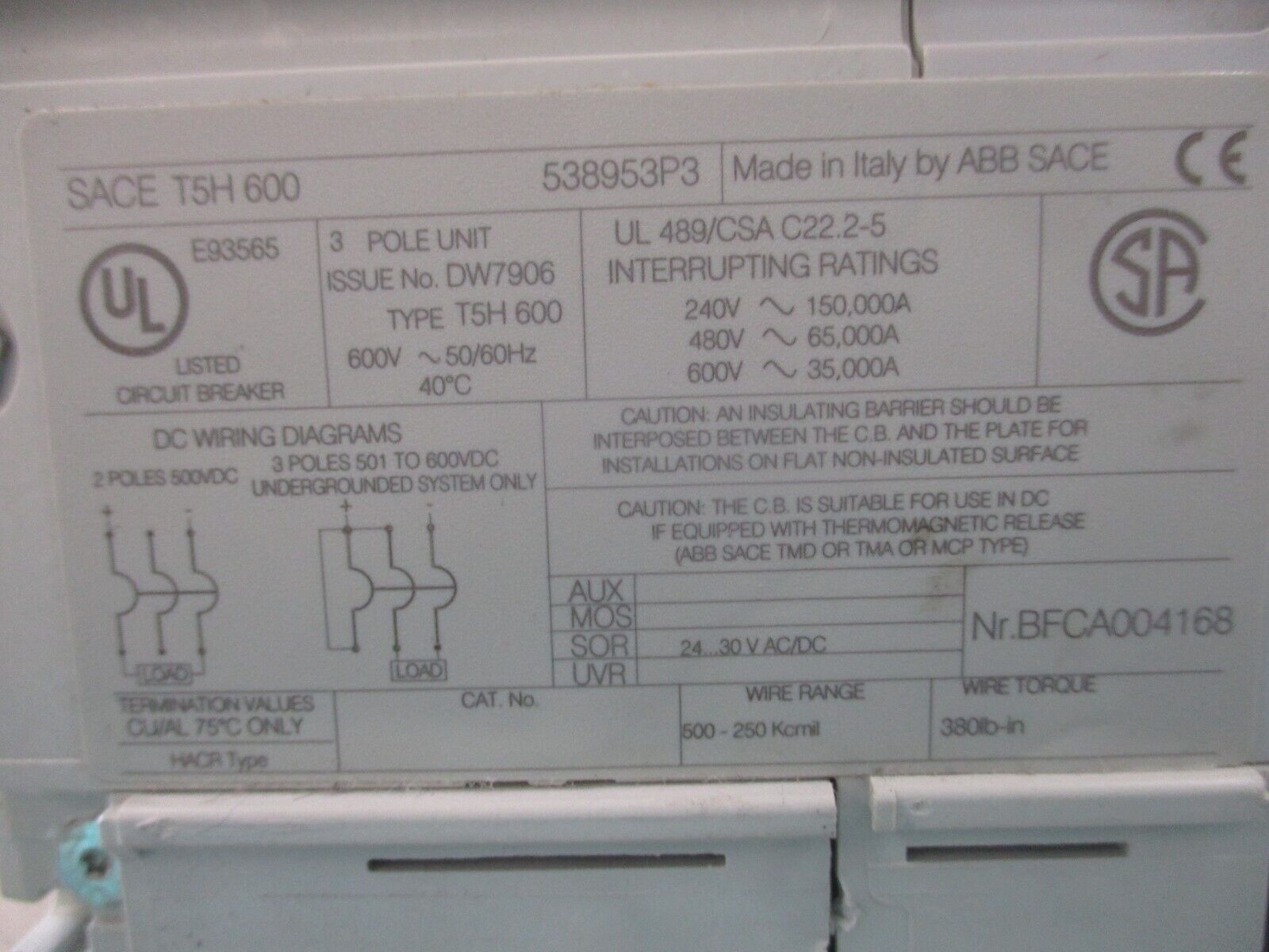 ABB SACE Tmax Circuit Breaker T5H 600 600A 600V 3P *No Lugs* Used