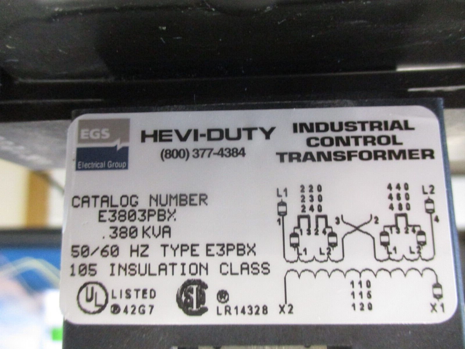 Hevi-Duty Control Transformer E3803PBX 0.380KVA Pri:240/480V Sec:120V 50/60Hz