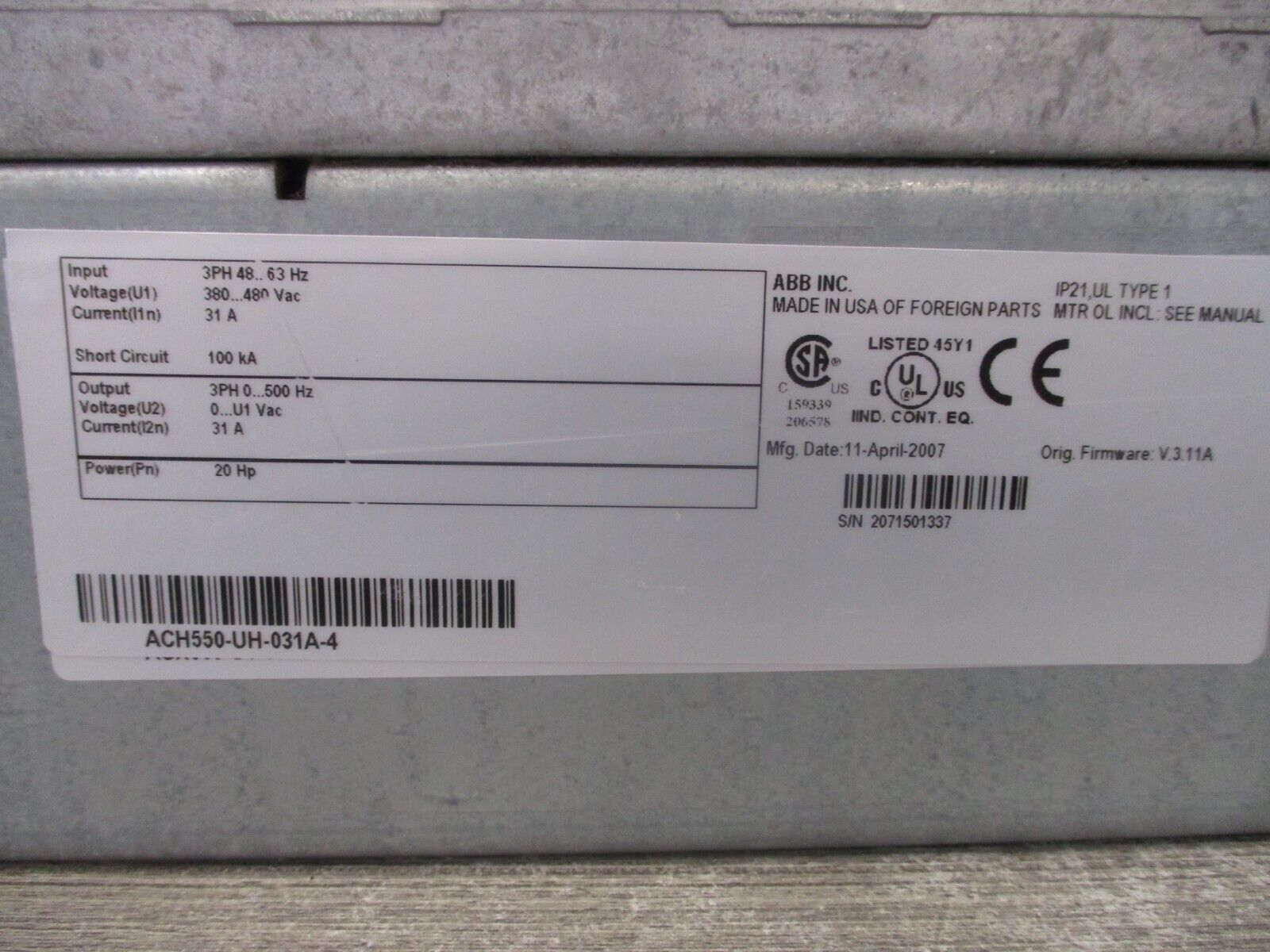 ABB ACH550 AC Drive ACH550-UH-031A-4 20HP 3Ph