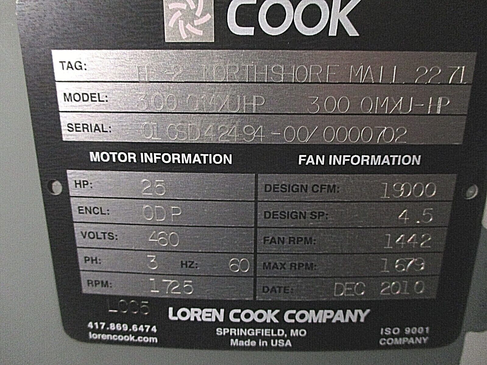 Loren-Cook QMXU Upblast Exhaust Fan 300 QMXUHP 25HP 19,000CFM @ 4.5SP 460V 3Ph