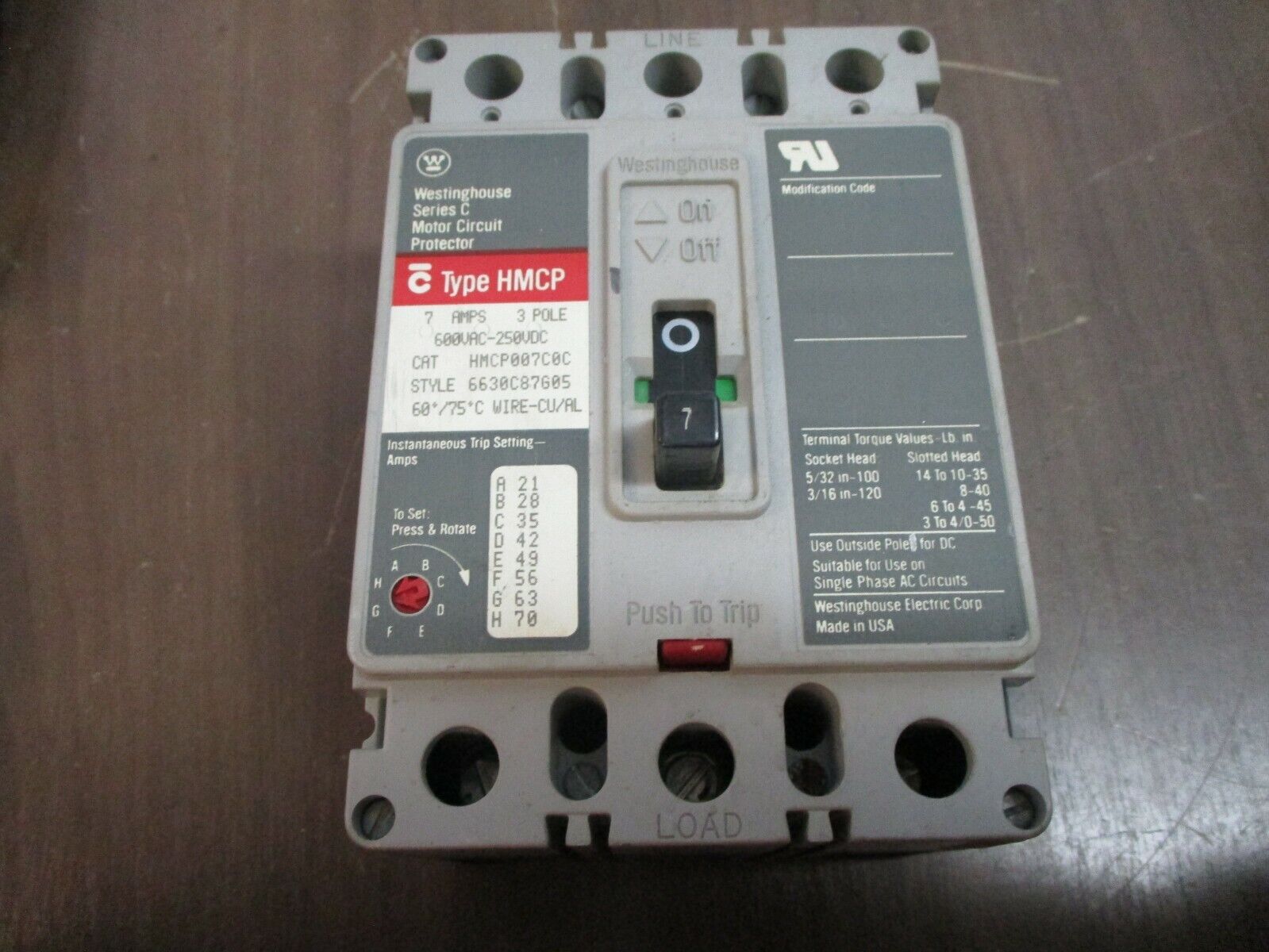 Westinghouse Circuit Breaker HMCP007C0C 7A 600V 3P Used