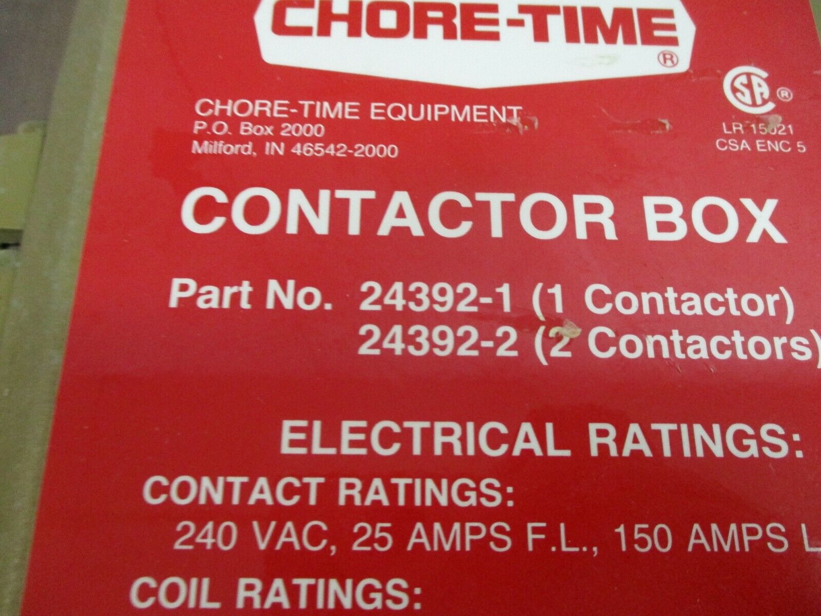 Chore-Time Contactor Box 24392-2 2-Contactor 208-240V Coil 25A 240V Used