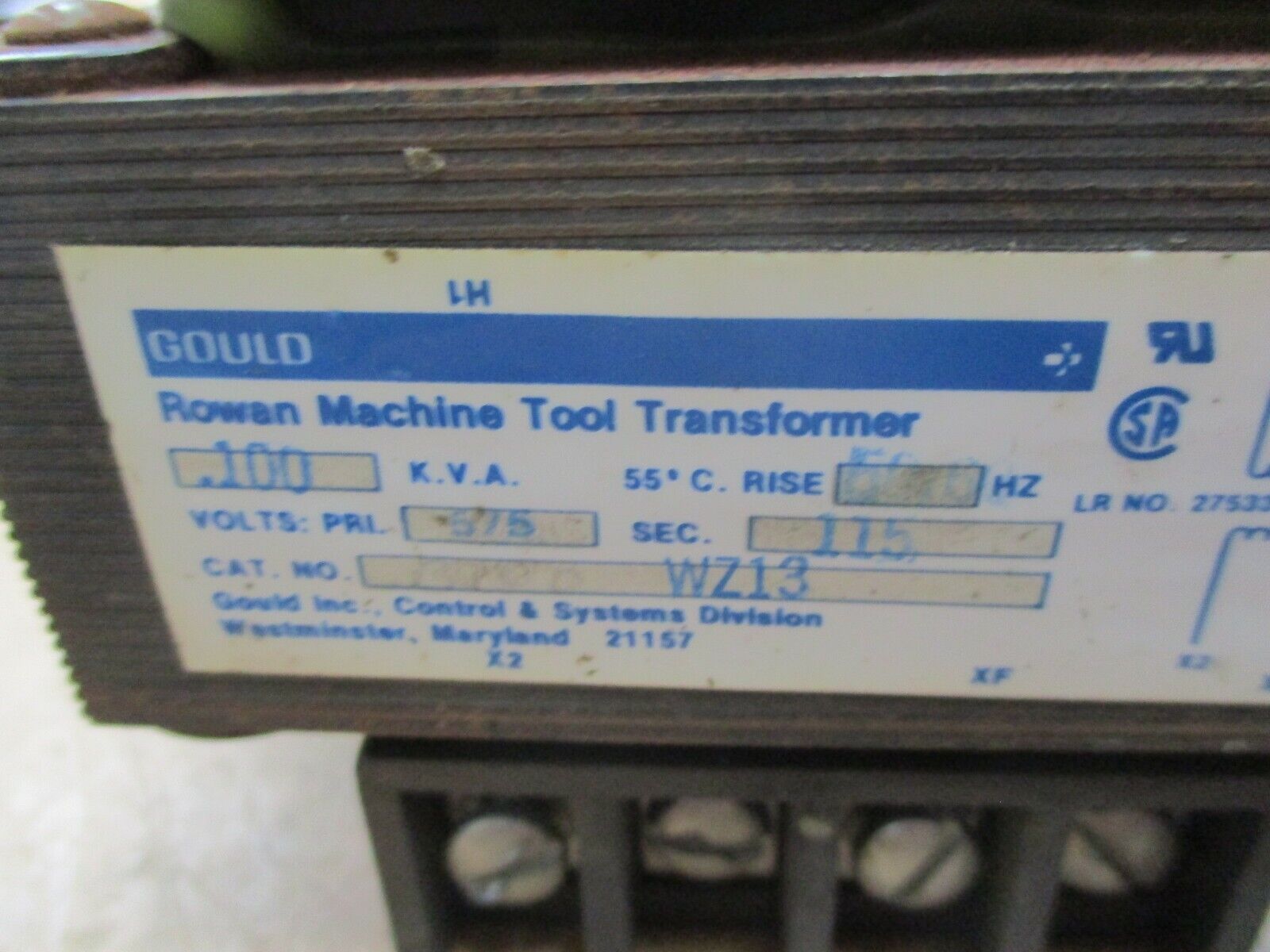 Gould Rowan Transformer WZ13 0.100KVA Pri: 575V Sec: 115V Used