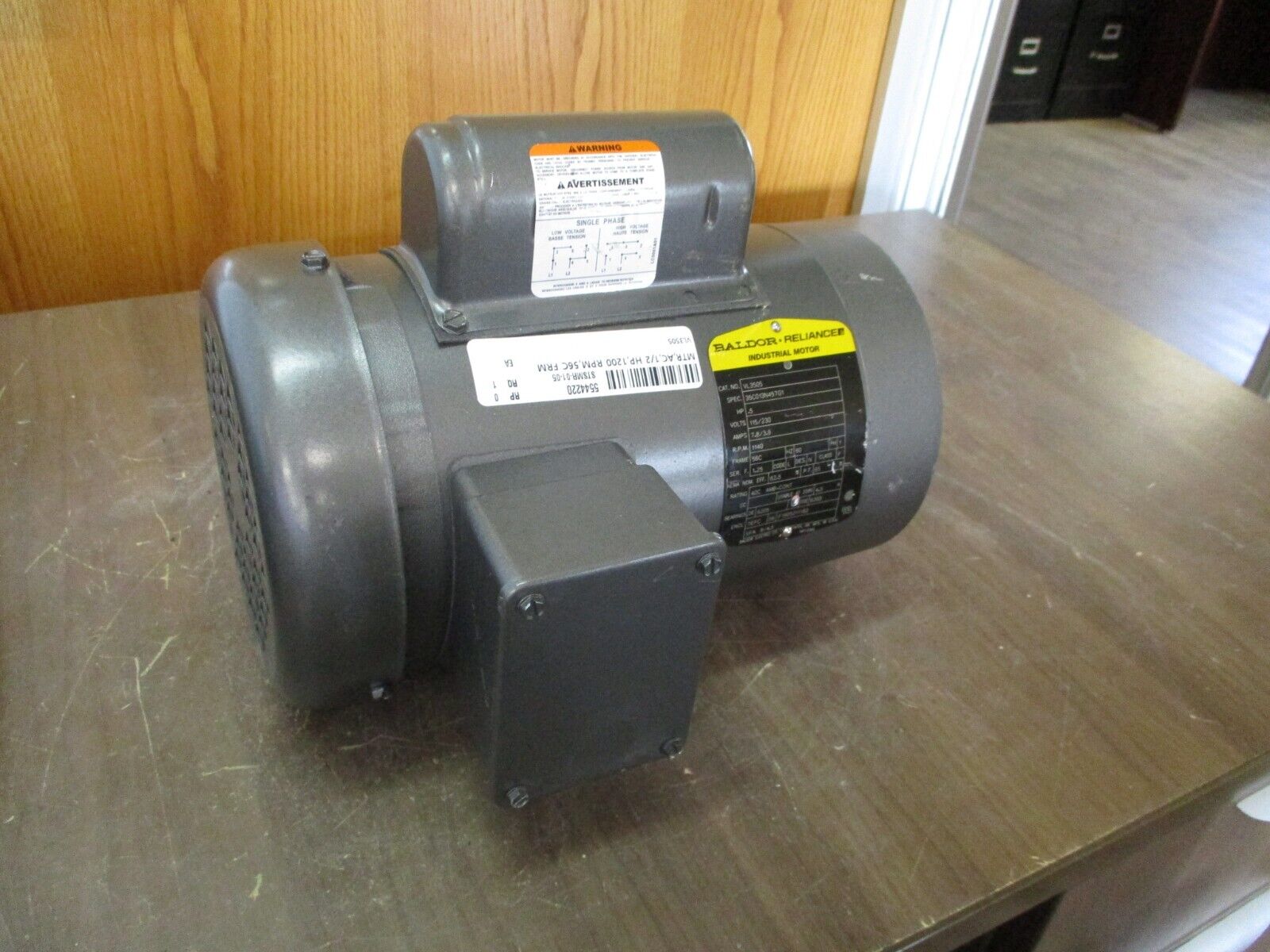 Baldor Motor VL3505 0.5HP 115/230V 7.8/3.9A 1200RPM 1Ph 60Hz Used