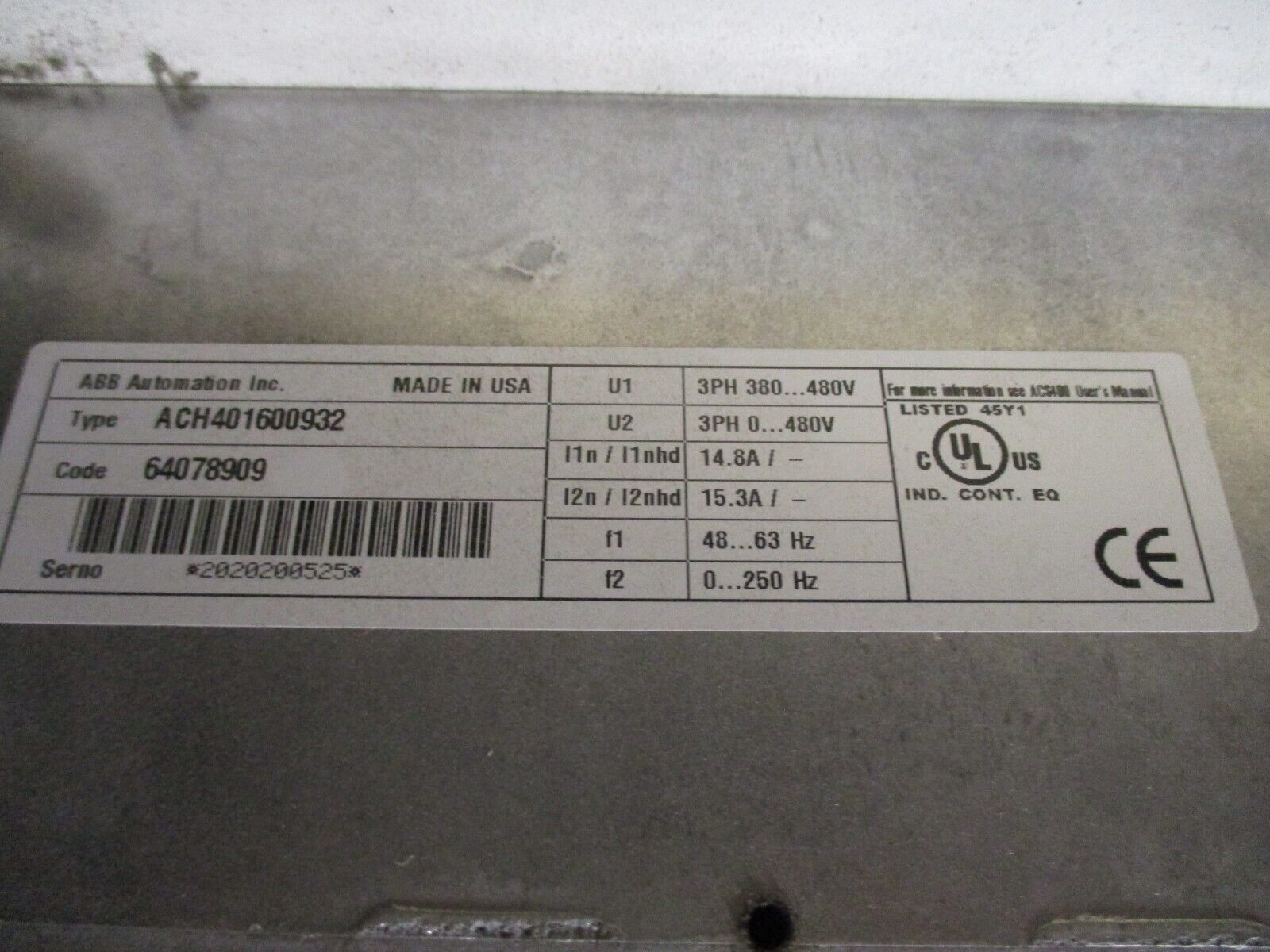 ABB ACH401 AC Drive w/ Bypass ACH401600932 10HP 3Ph w/ Keypad Used