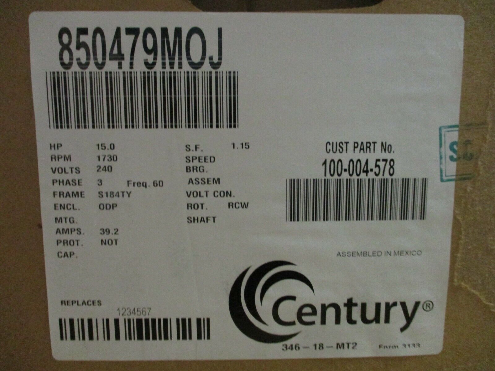 Century AC Motor 850479MOJ 15HP 1800RPM S184TY Frame ODP Enclosure New Surplus