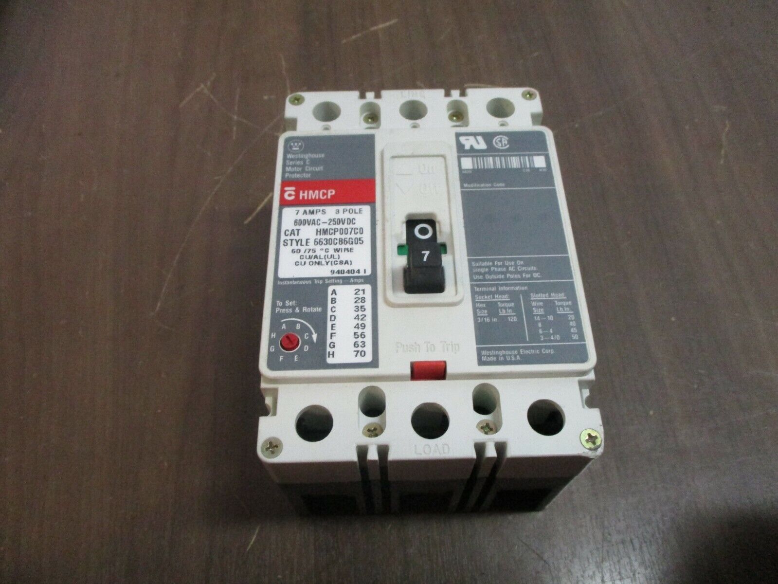 Westinghouse Circuit Breaker HMCP007C0 7A 600V 3P Used