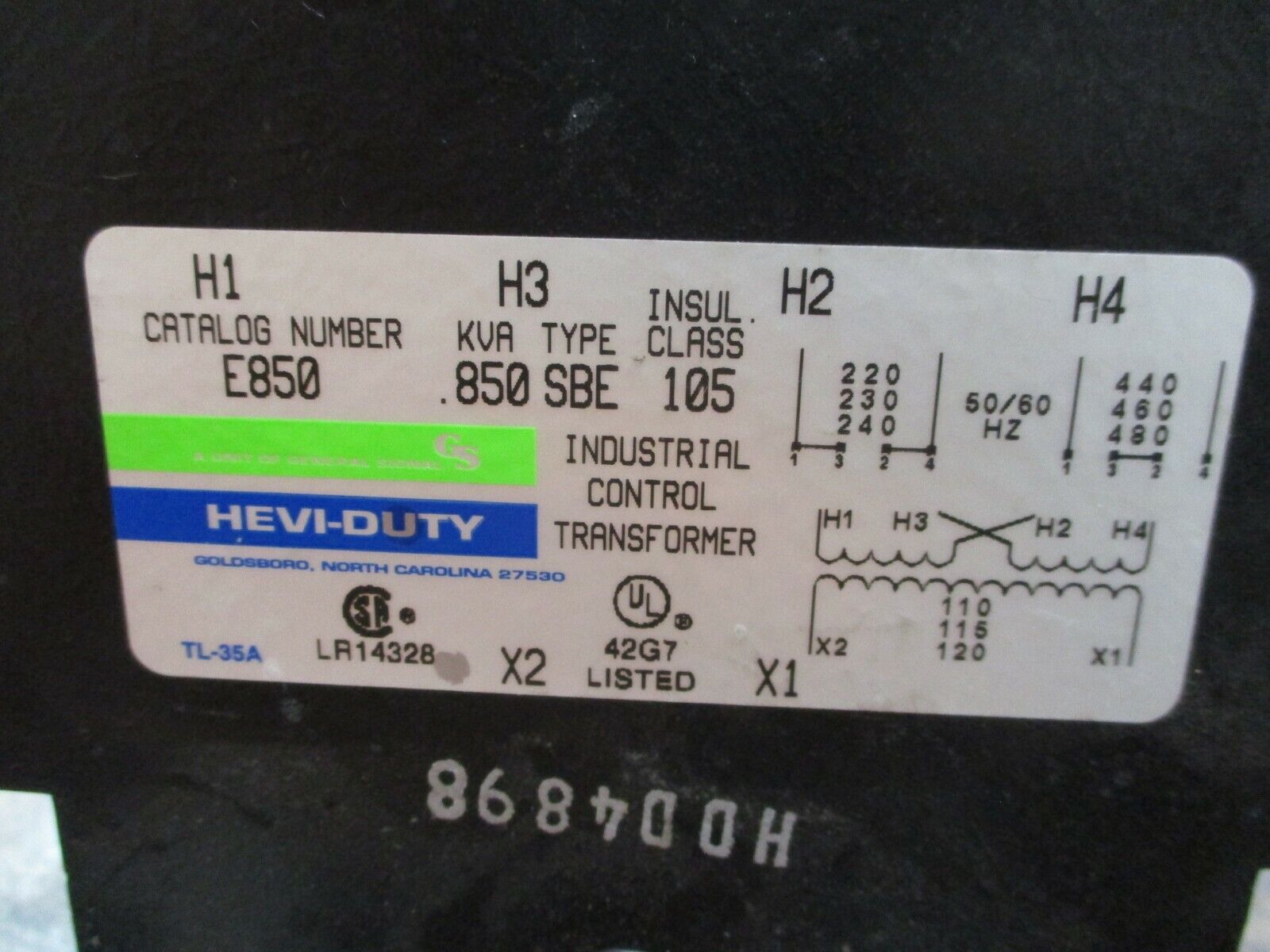 Hevi-Duty Type SBE Transformer E850 0.850KVA Pri:240/480V Sec:120V 50/60Hz Used