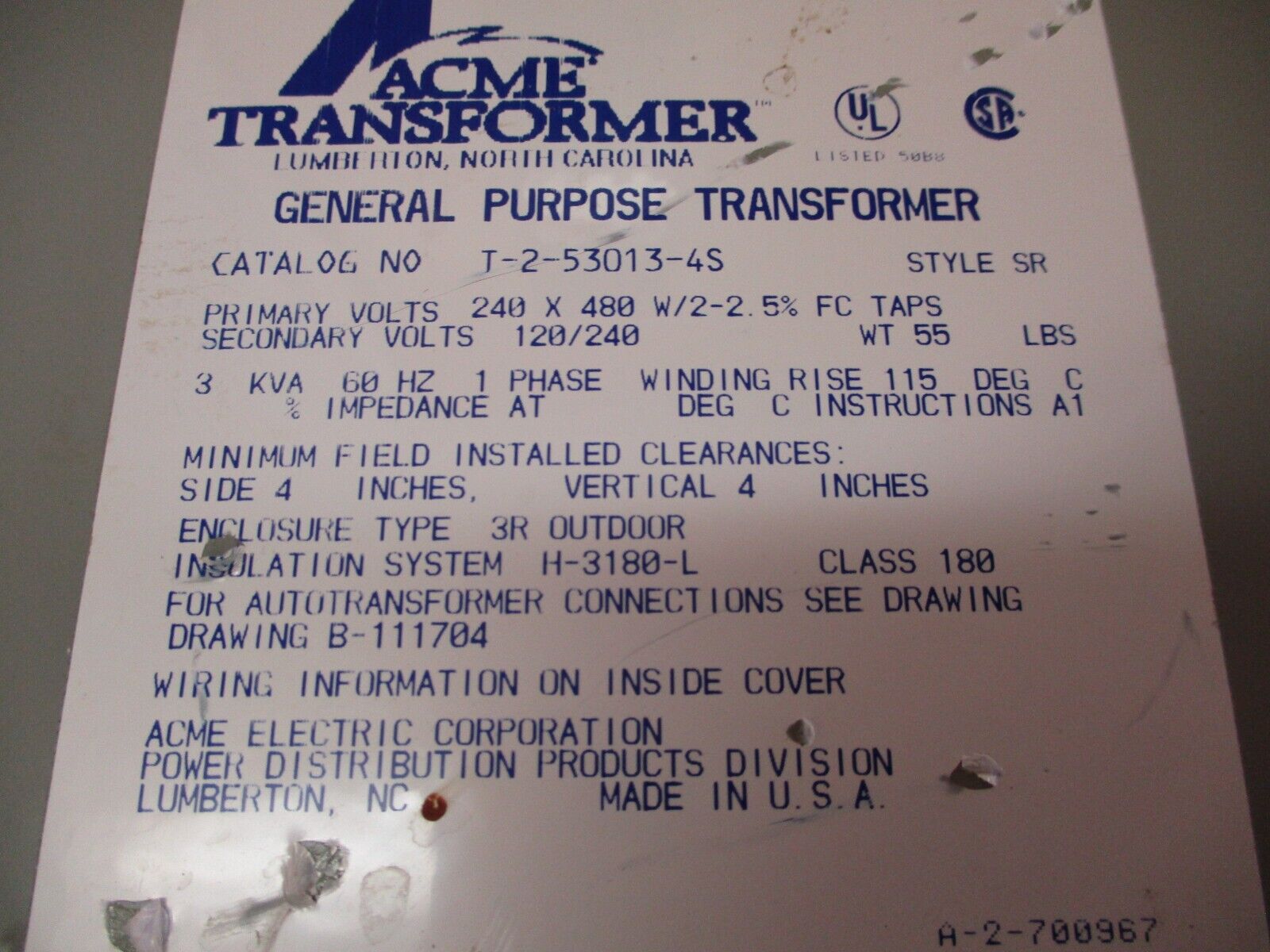 Acme Transformer SR Style Transformer T-2-53013-4S 3kVA Pri: 240/480V 1Ph Used