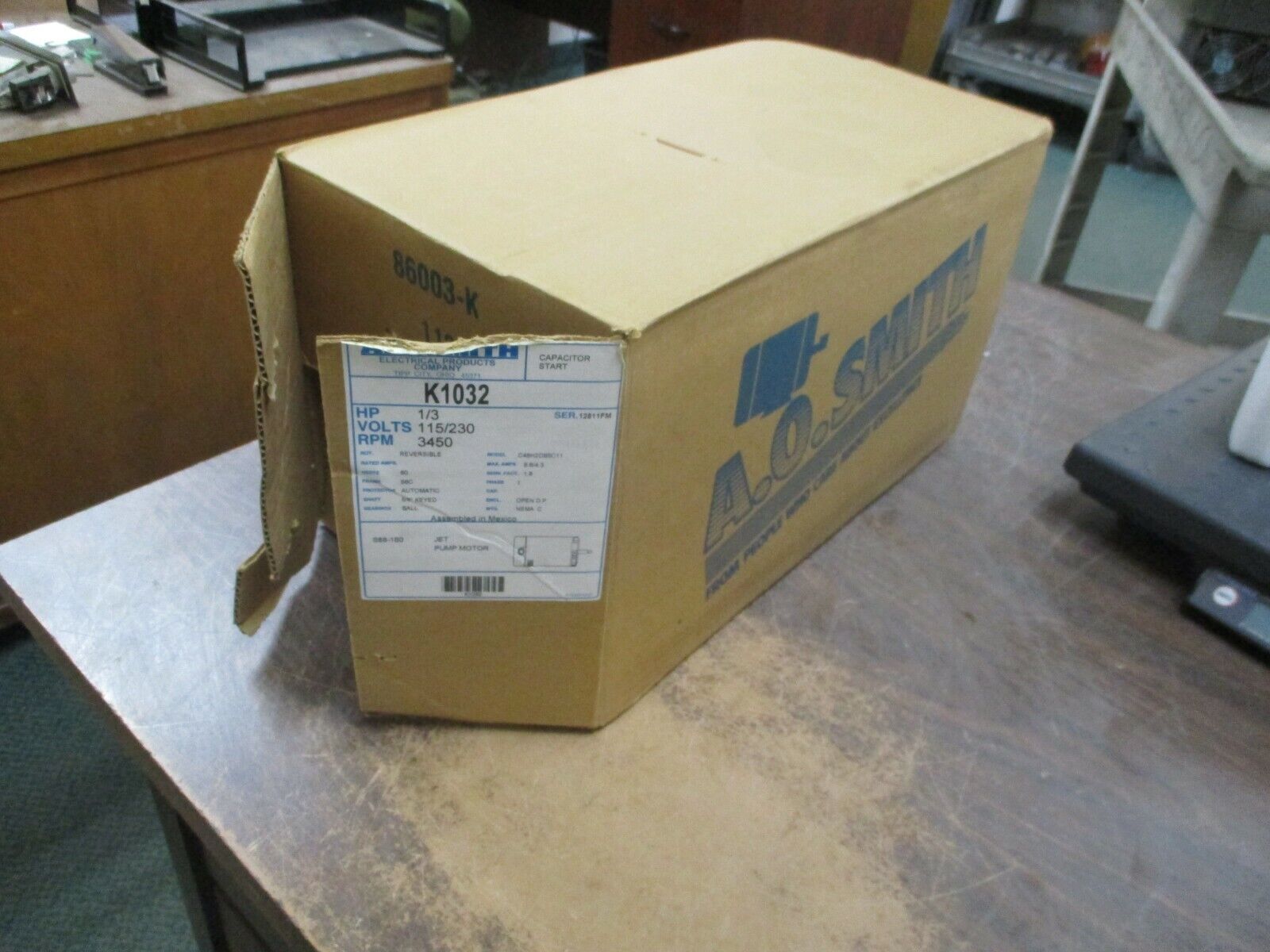 A.O.Smith AC Motor K1032 1/3HP 3500RPM FR: 56C 115/230V 8.6/4.3A 1Ph New Surplus