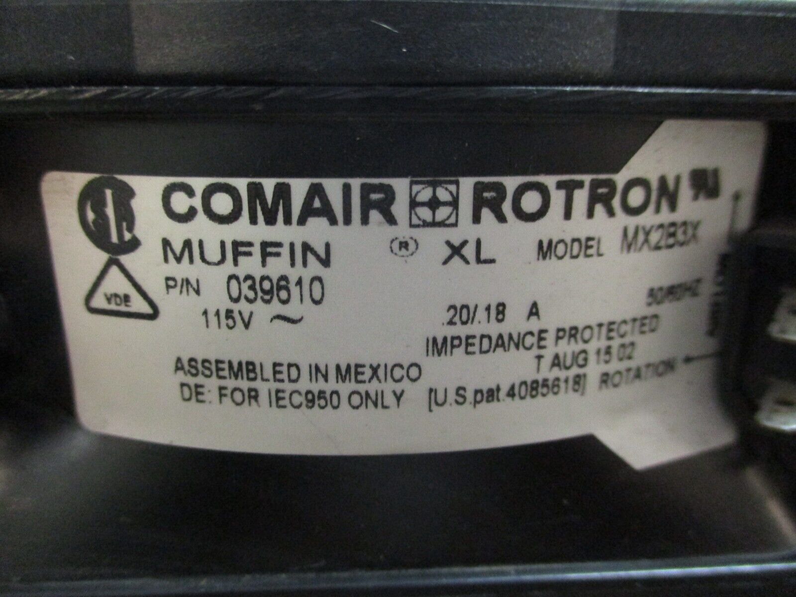 Comair Rotron Model MX2B3X Muffin XL Fan 039610 115V 0.20/0.18A 50/60Hz Used