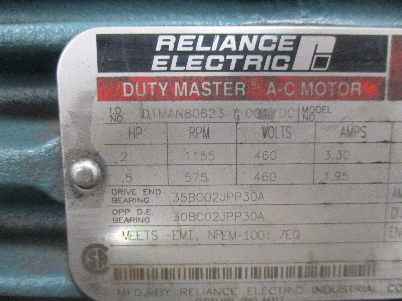 Reliance AI Duty Master AC Motor 01MAN80623 G 001 DC 0.2/0.5HP New Surplus