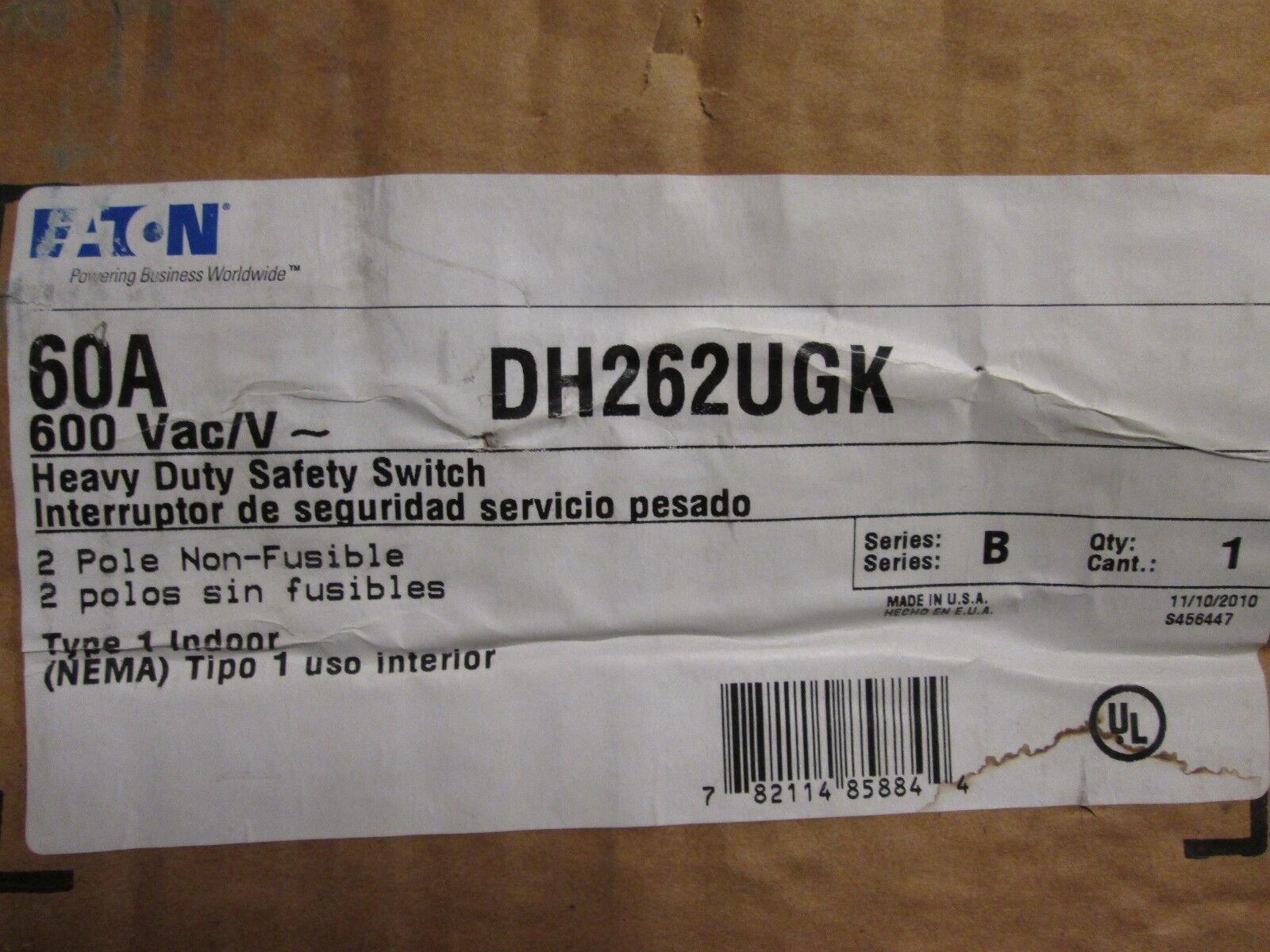 Cutler-Hammer Non-fusible Safety Switch DH262UGK 60A 600V 2P New surplus