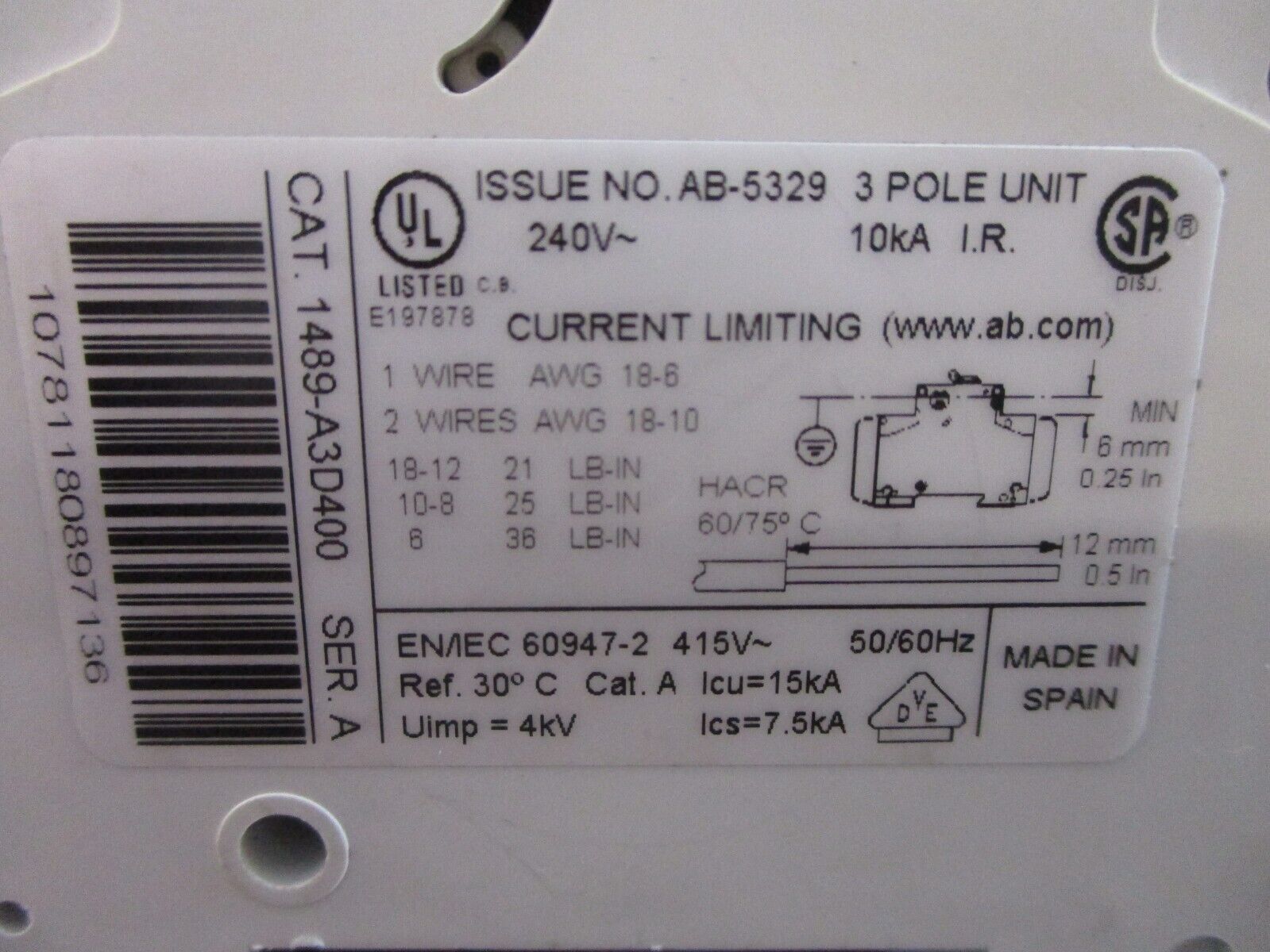 Allen-Bradley Circuit Breaker 1489-A3D400 40A 240V 3P Used