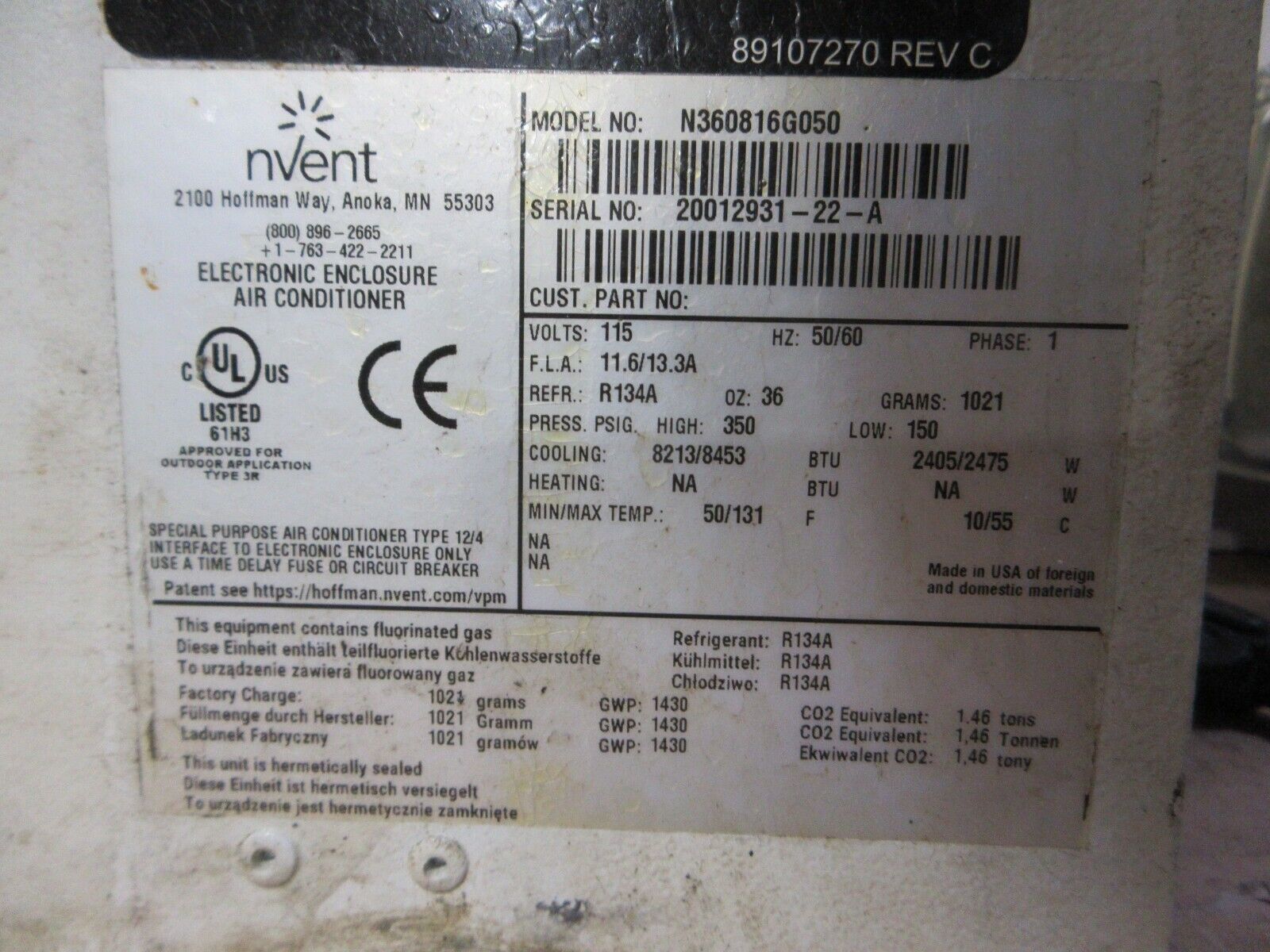 nVent SprectraCool Enclosure Air Conditioner N360816G050 8213/8453BTU Used