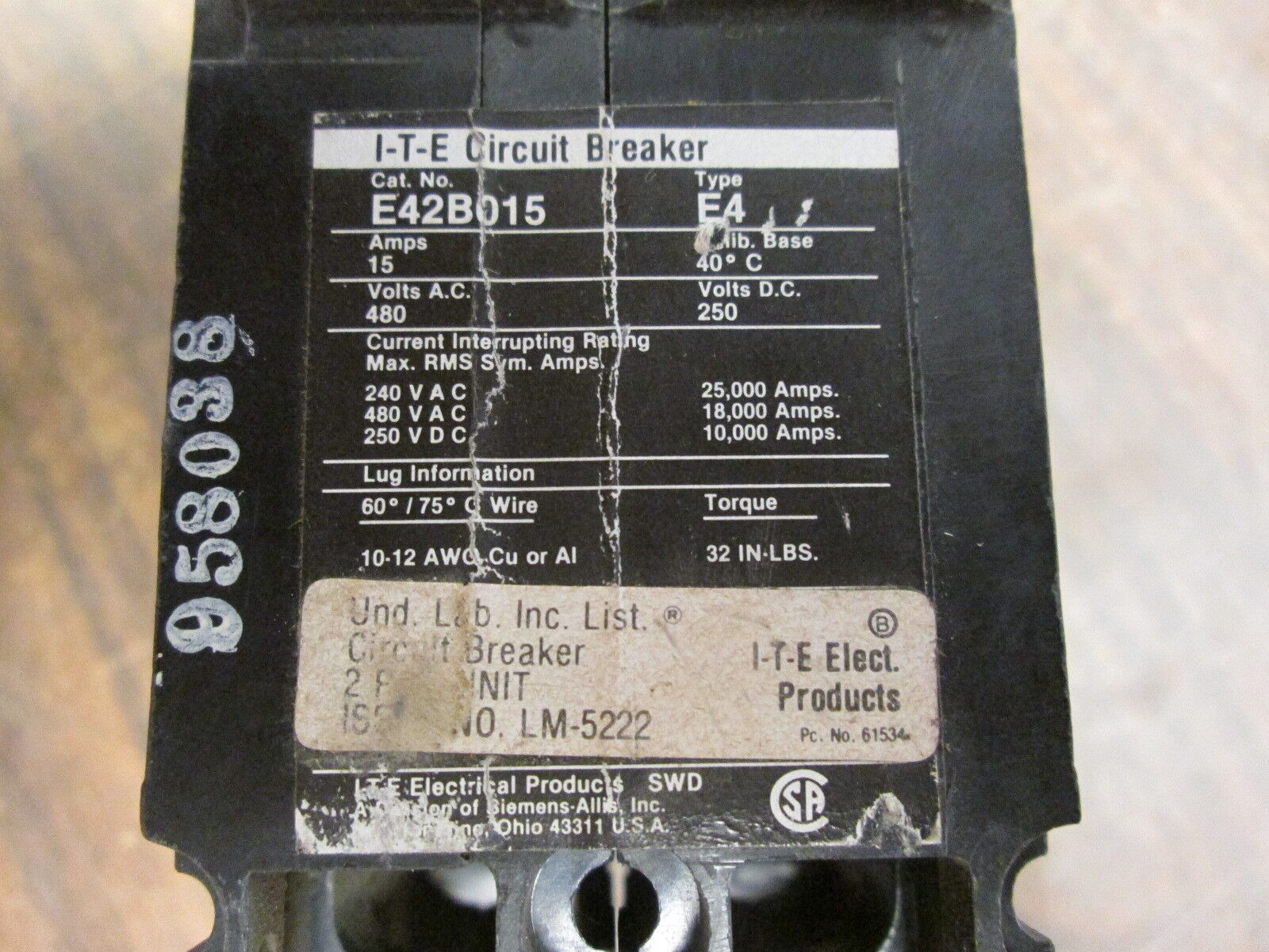 ITE Circuit Breaker E42B015 15A 480V 2P Used