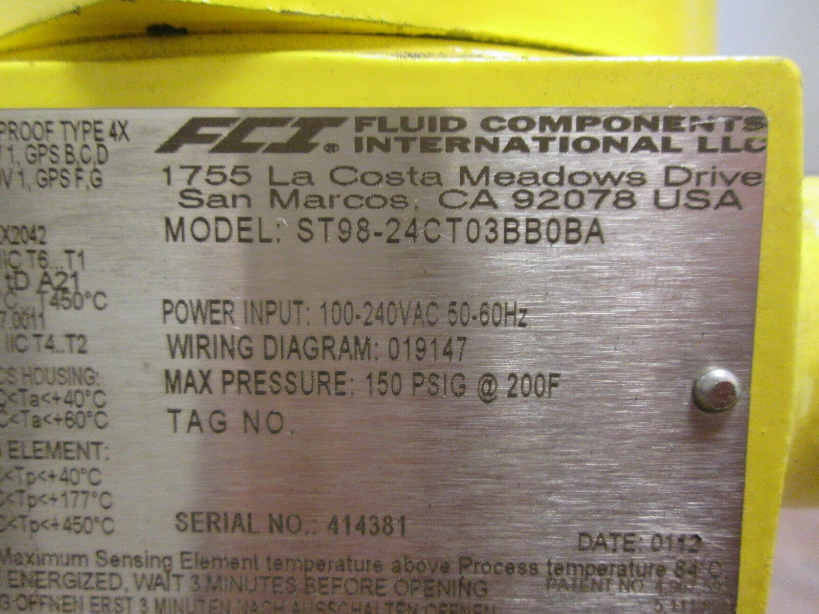 FCI Flow Meter ST98-24CT03BB0BA 100-240V 50-60Hz 150PSIG Used