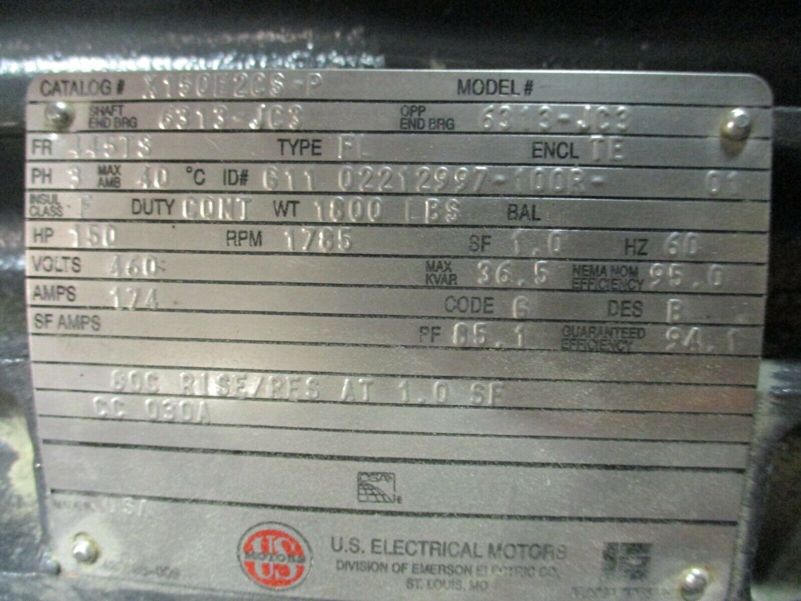 US Motors Double-Shaft AC Motor X150E2CS-P 150HP 1800RPM 460V TE Used