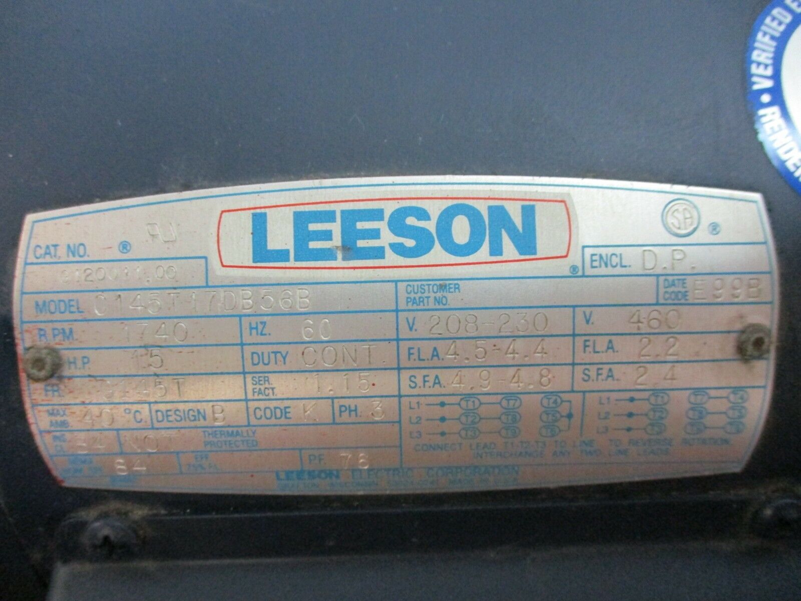 Leeson AC Motor G120011.00 1.5HP 1800 RPM 208-230/460V 2.2/4.4A 3Ph 60Hz Used