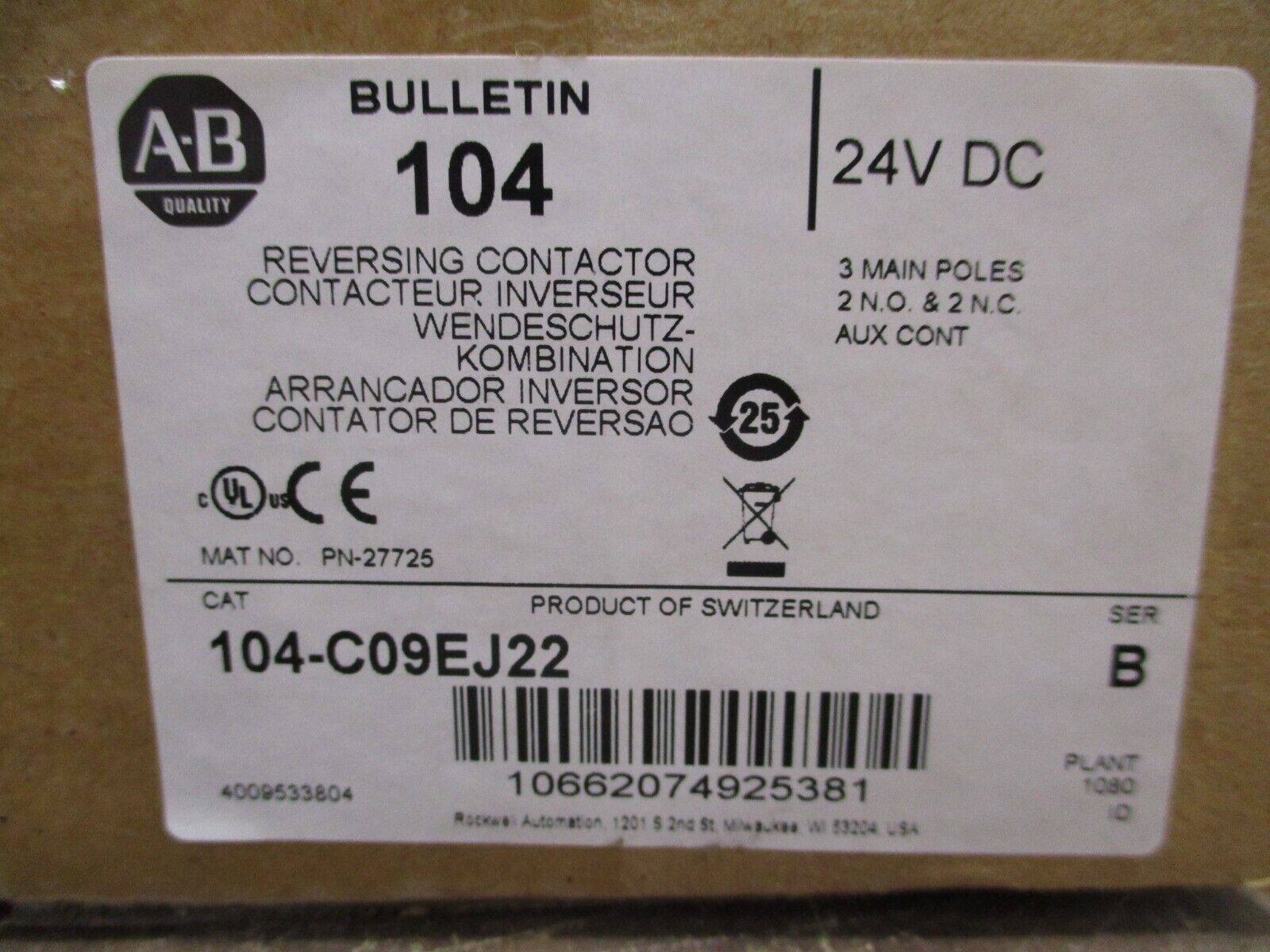 Allen-Bradley Reversing Contactor 104-C09EJ22 Ser. B 24VDC Coil New Surplus