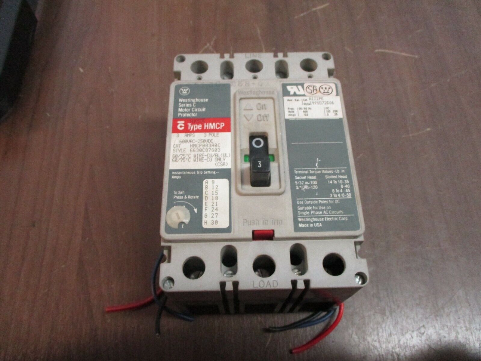 Westinghouse Circuit Breaker w/ Aux HMCP003A0C 3A 600V 3P Used