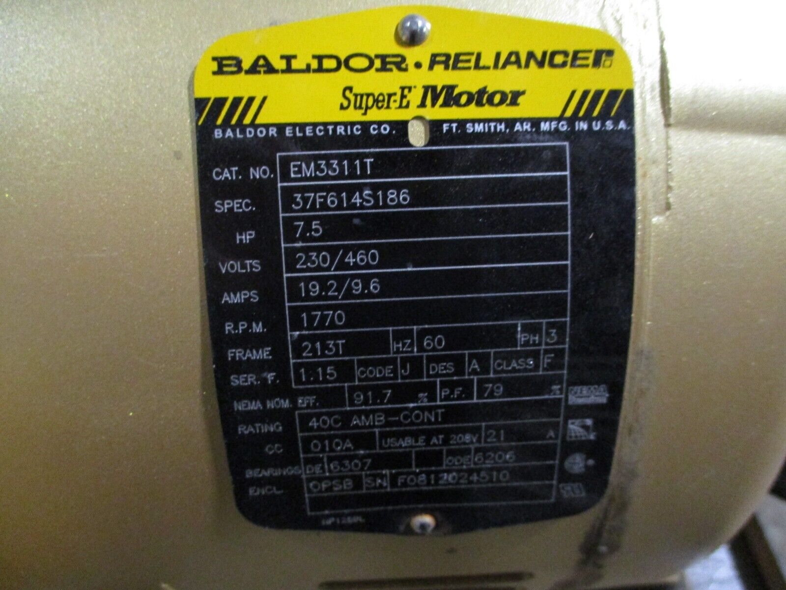 Baldor Motor EM3311T 7.5HP 1800RPM 230/460V 19.2/9.6A 60Hz 3Ph Used