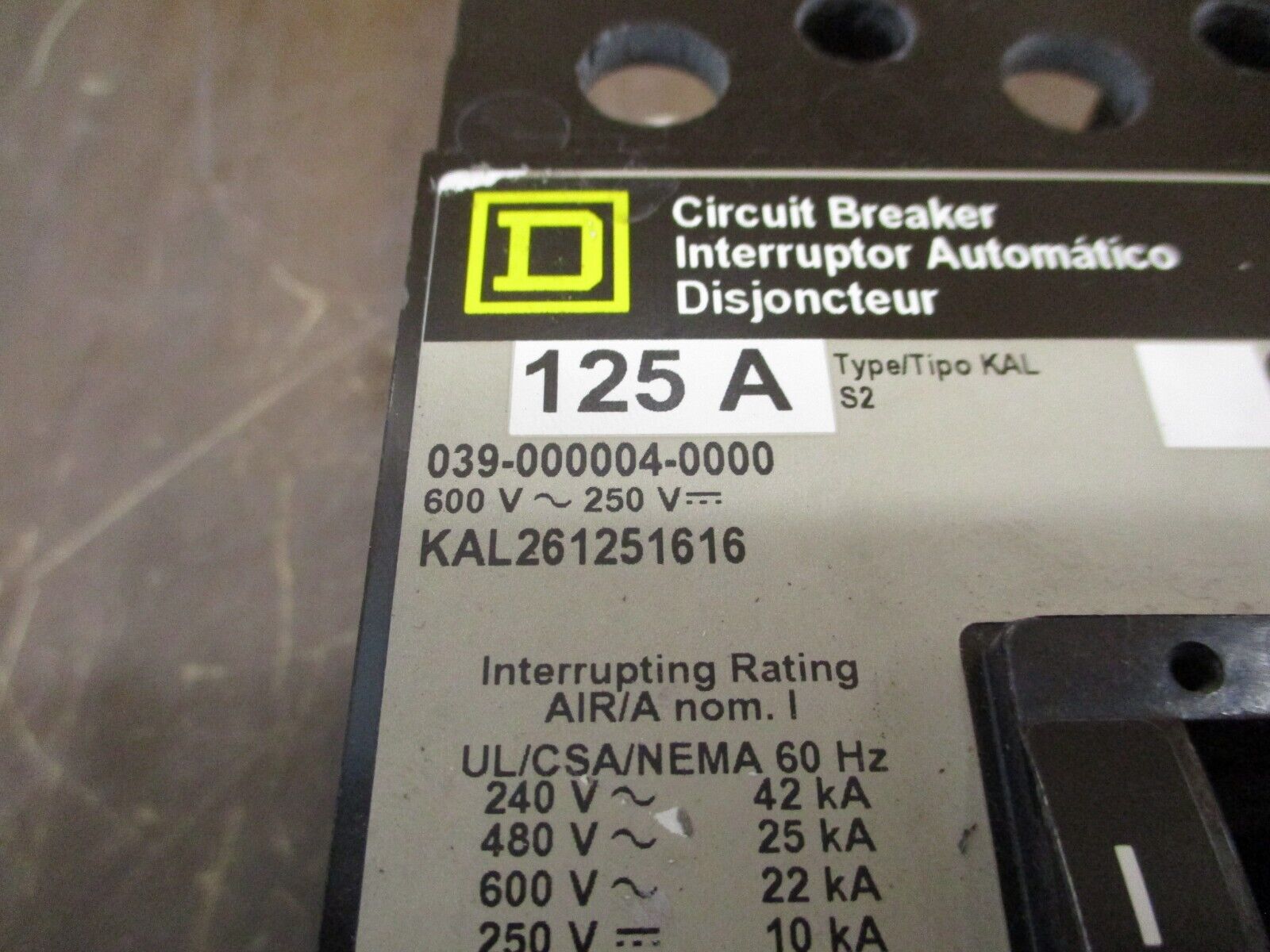 Square D Circuit Breaker KAL261251616 125A 600V 3P Used