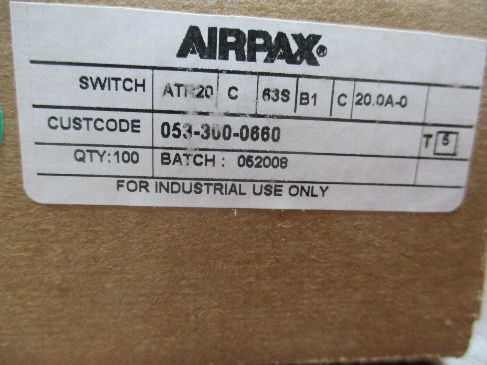 Airpax Circuit Breaker ATR20-C-63S-B1-C-20.0A-0 20A 250VAC 50VDC *Box of 100*