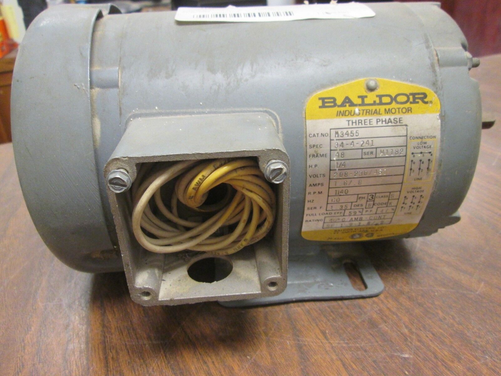 Baldor Motor M3455 0.25HP 1140RPM 48 Frame 208-230/460V 1.6/0.8A Used