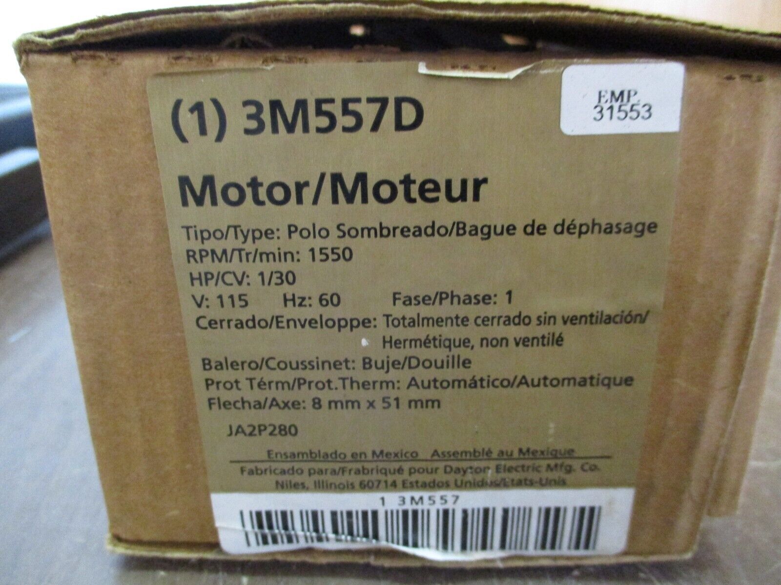 Dayton AC Motor 3M557D 1/30HP 115V 60Hz 1Ph 1550RPM New Surplus