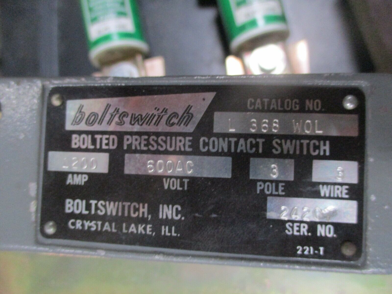 Boltswitch Bolted Pressure Contact Switch L 368 WOL 1200A 600V 3P 3W 1200A Fuses