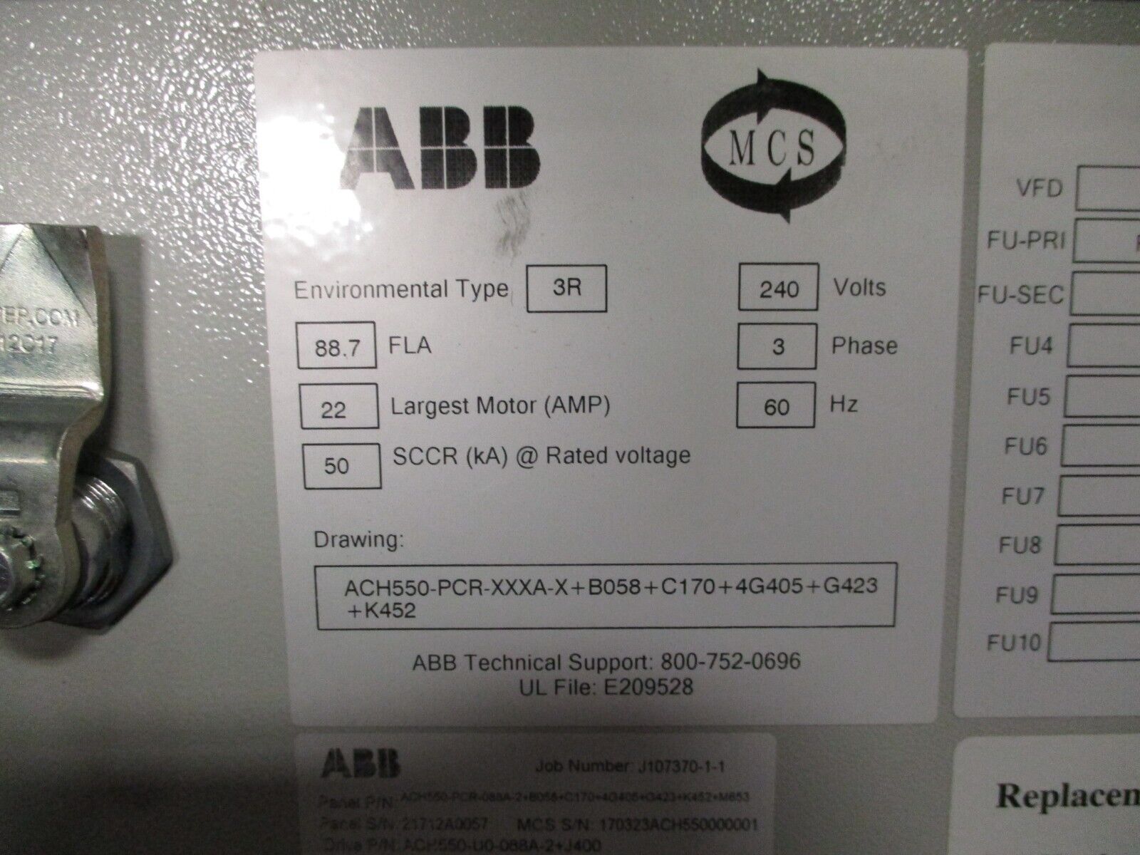 ABB Enclosed AC Drive Assembly ACH550-PCR-088A-2+B058+C170+4G405+G423+K452+M653