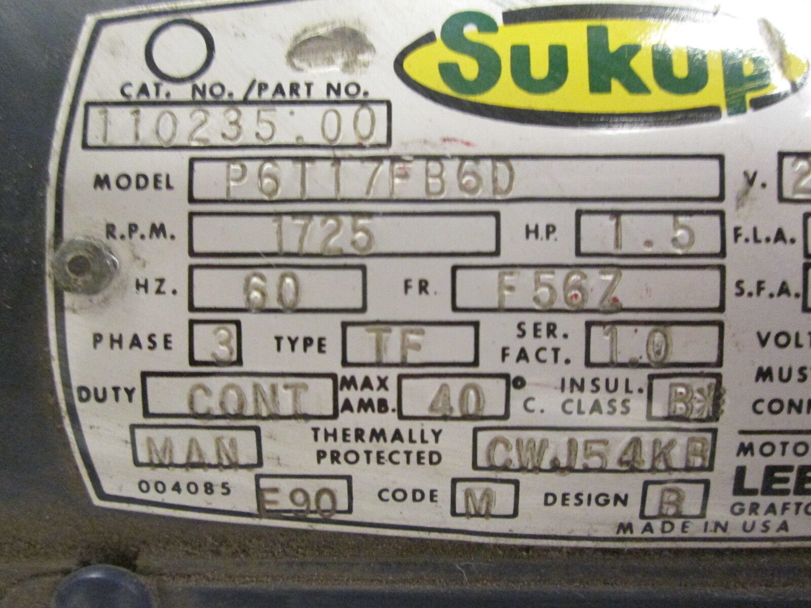 Sukup P6T17FB6D AC Motor 110235.00 1.5HP 1725RPM FR:F56Z 208-230/460V 5.4/2.7FLA