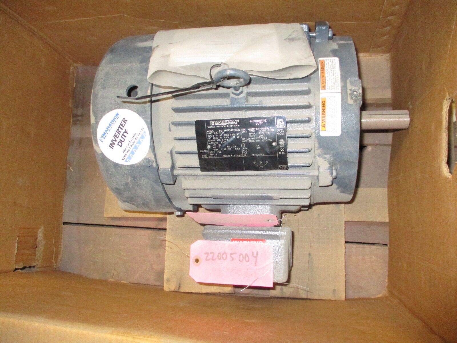 Marathon Motor P424 3HP 1800RPM 460V 4A New Surplus