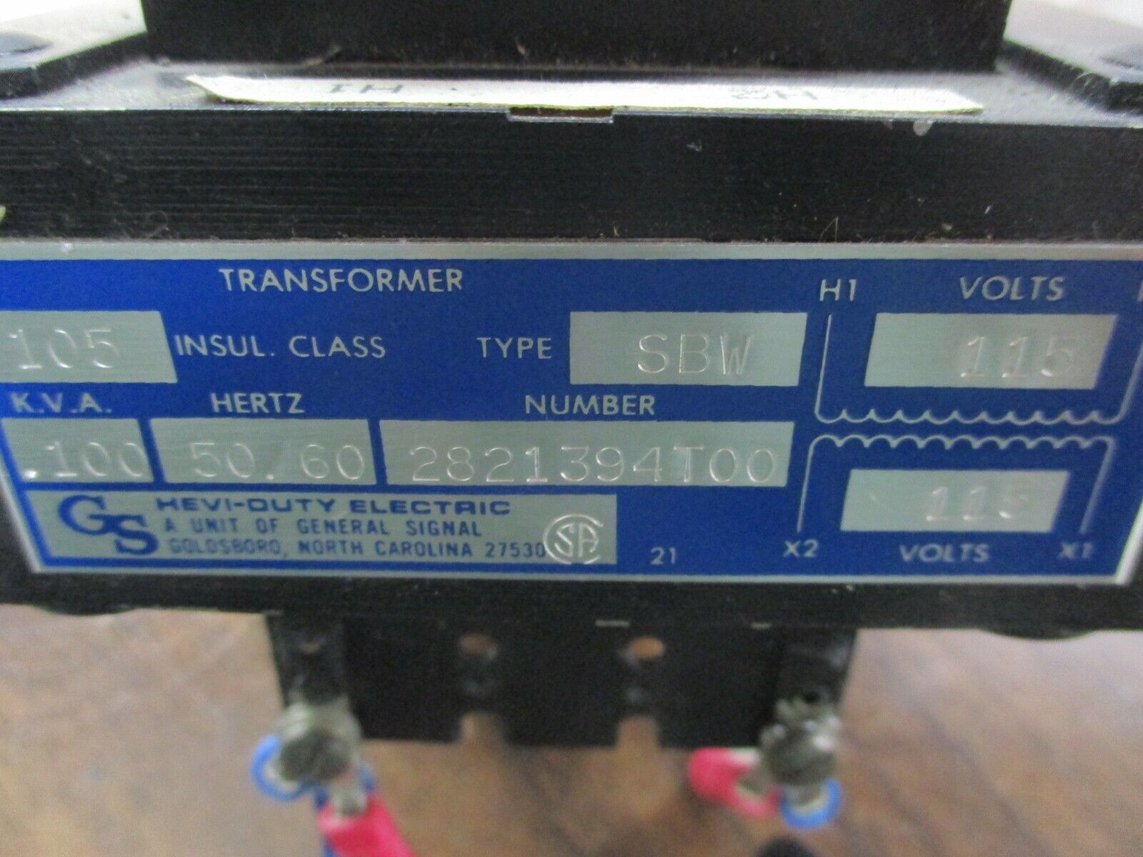 Hevi-Duty Type SBW Transformer 2821394T00 0.100KVA Pri: 115V Sec: 115V 50/60Hz