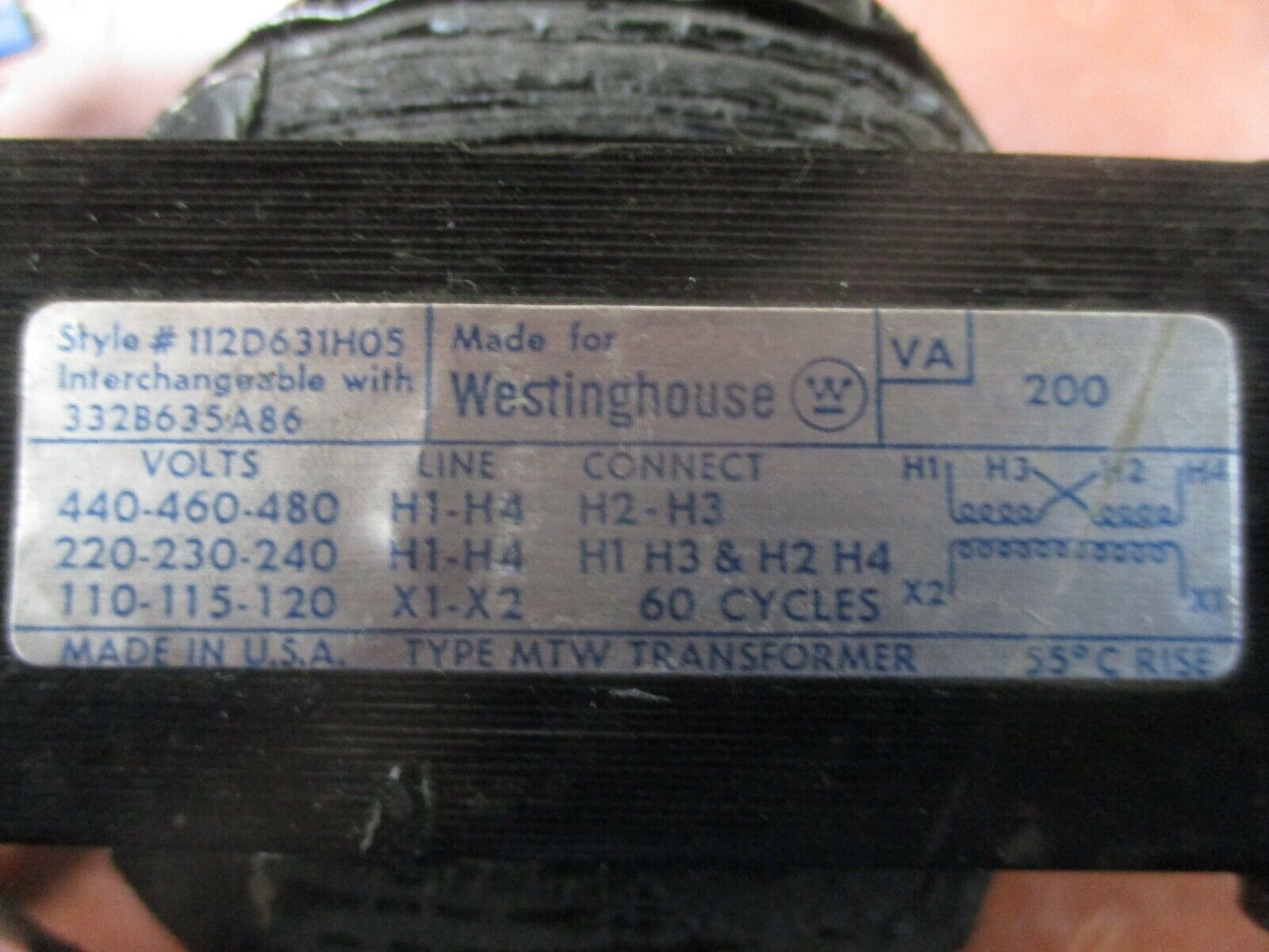 Westinghouse Type MTW Transformer 112D631H05 200VA Pri: 240/480V Sec: 120V Used