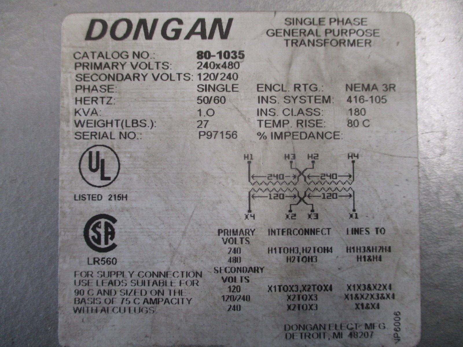 Dongan Transformer 80-1035 1KVA Pri: 240/480V Sec: 120/240V 1Ph 50/60 Hz