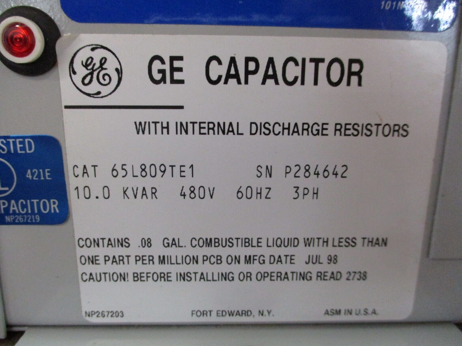 GE Capacitor 65L809TE1 10kVAR 480V 60Hz 3Ph Used